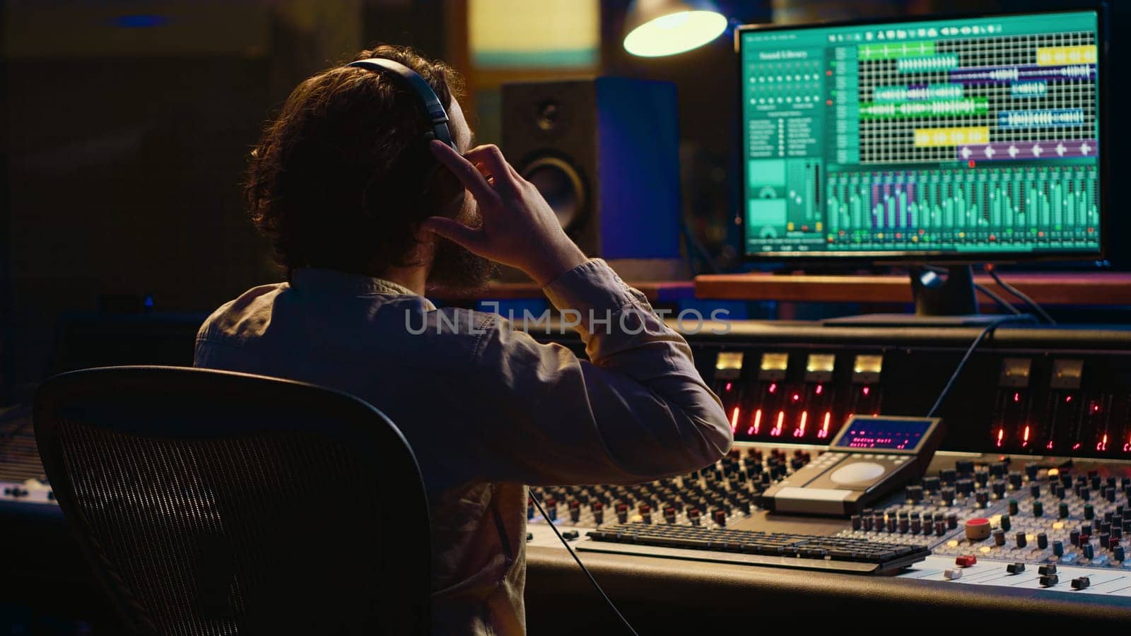 Sound designer working on track recording with audio professional software by DCStudio