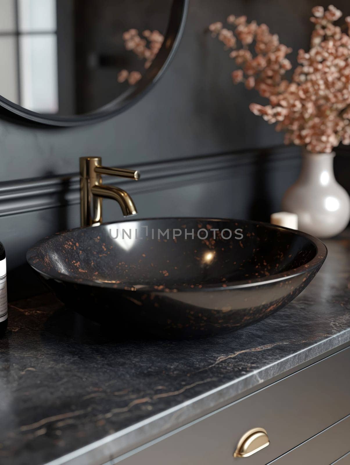 Black sink in stylish bathroom interior by NataliPopova