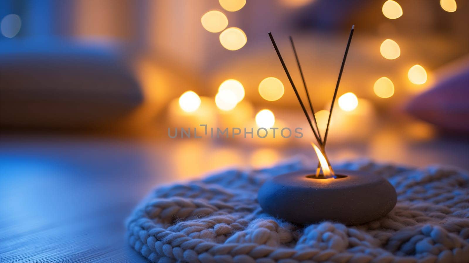 A serene setting featuring lit incense sticks on a textured mat against a backdrop of warm, bokeh lighting, evoking a sense of calm - Generative AI