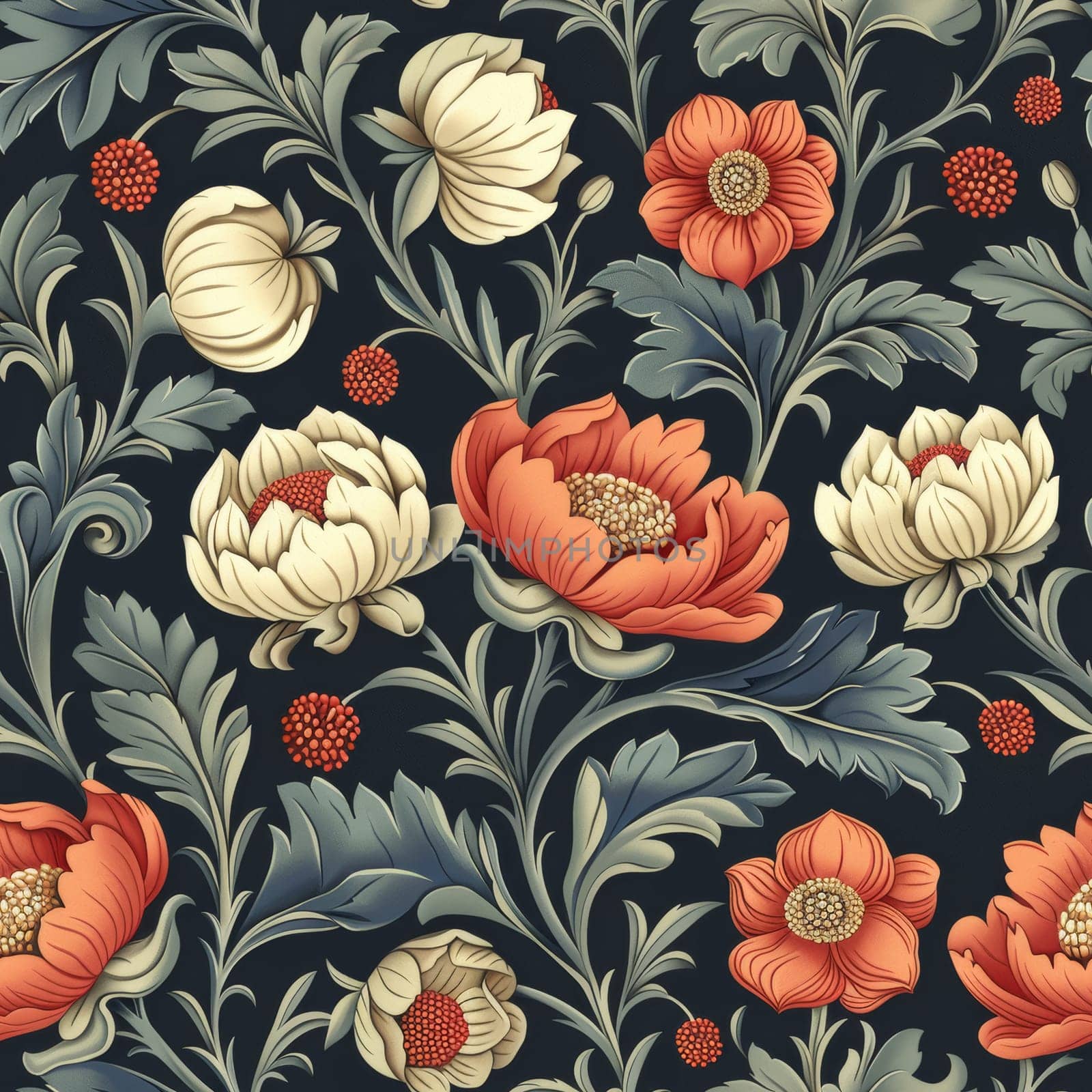 Floral vintage seamless pattern for retro wallpapers. Enchanted Vintage Flowers. Arts and Crafts movement inspired. Design for wrapping paper, wallpaper, fabrics, clothes. AI Generative by varka