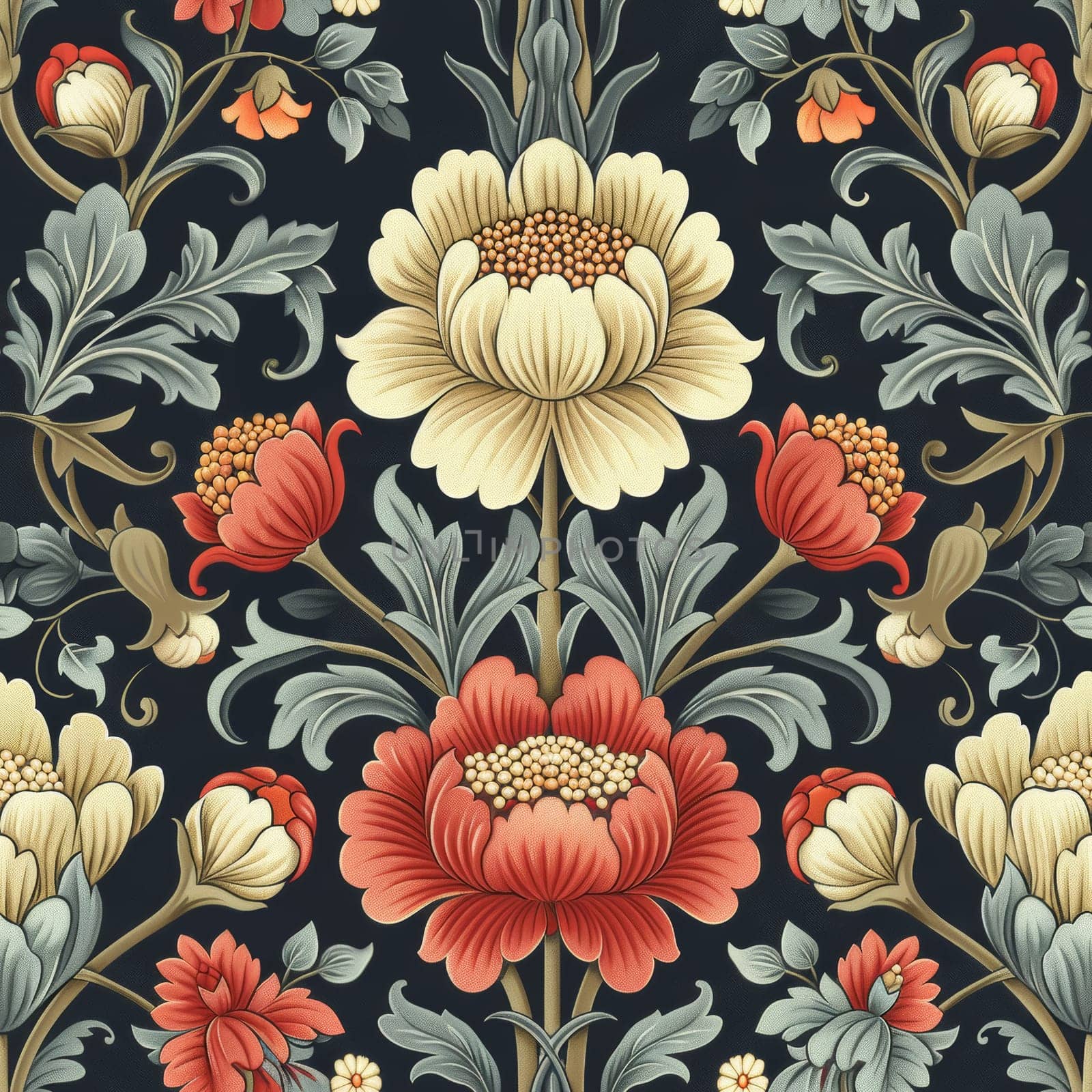 Floral vintage seamless pattern for retro wallpapers. Enchanted Vintage Flowers. Arts and Crafts movement inspired. Design for wrapping paper, wallpaper, fabrics, clothes. AI Generative by varka