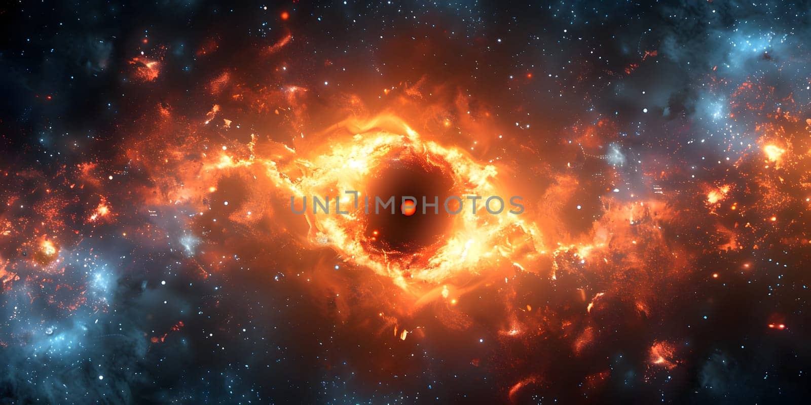 An astronomical object known as a black hole resides in the center of a galaxy, surrounded by a nebula of gas and stars in outer space