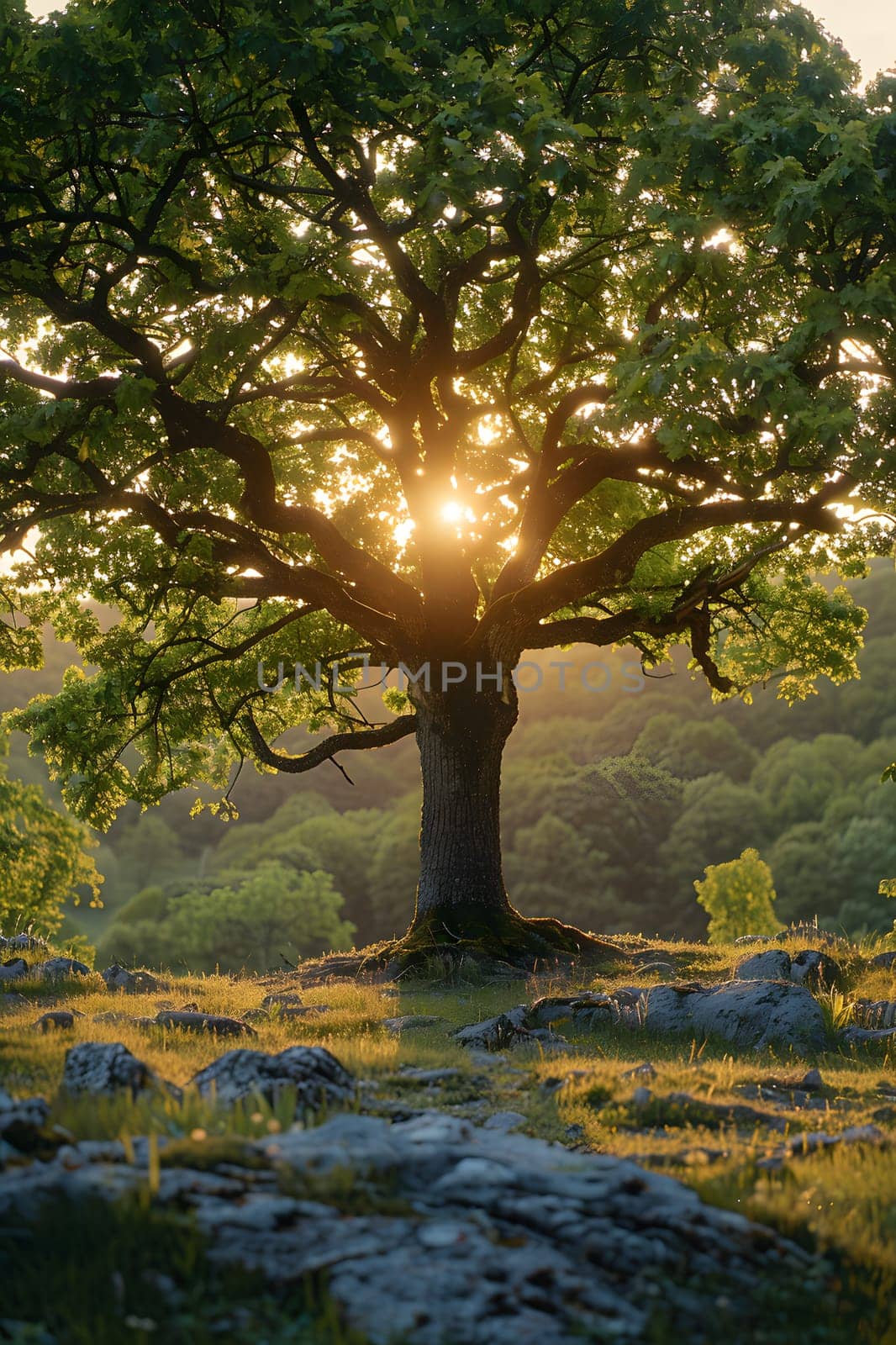 The suns rays are filtering through the branches of a tree, casting beautiful tints and shades on the grass below, creating a mesmerizing natural landscape
