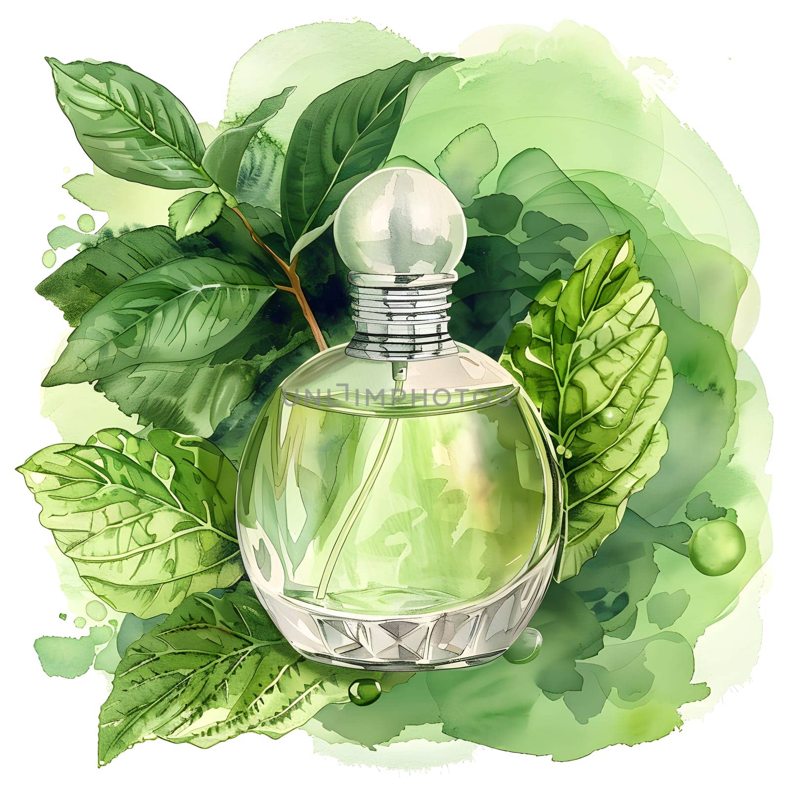 Bottle of perfume rests among green leaves on watercolor backdrop by Nadtochiy