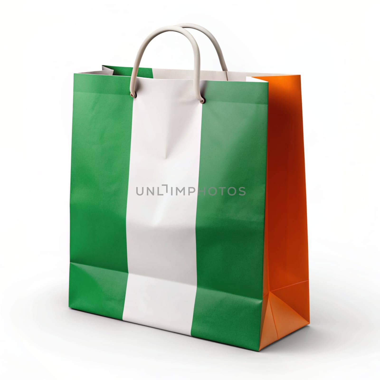 IRELAND FLAG SHOPPING BAG WHITE BACKGROUND. Irish Treasures: Flag-Inspired Shopping Delight. Irish Treasures: Flag-Inspired Shopping Delight - Perfect for Tourists Souvenir Enthusiasts by Andrii_Ko