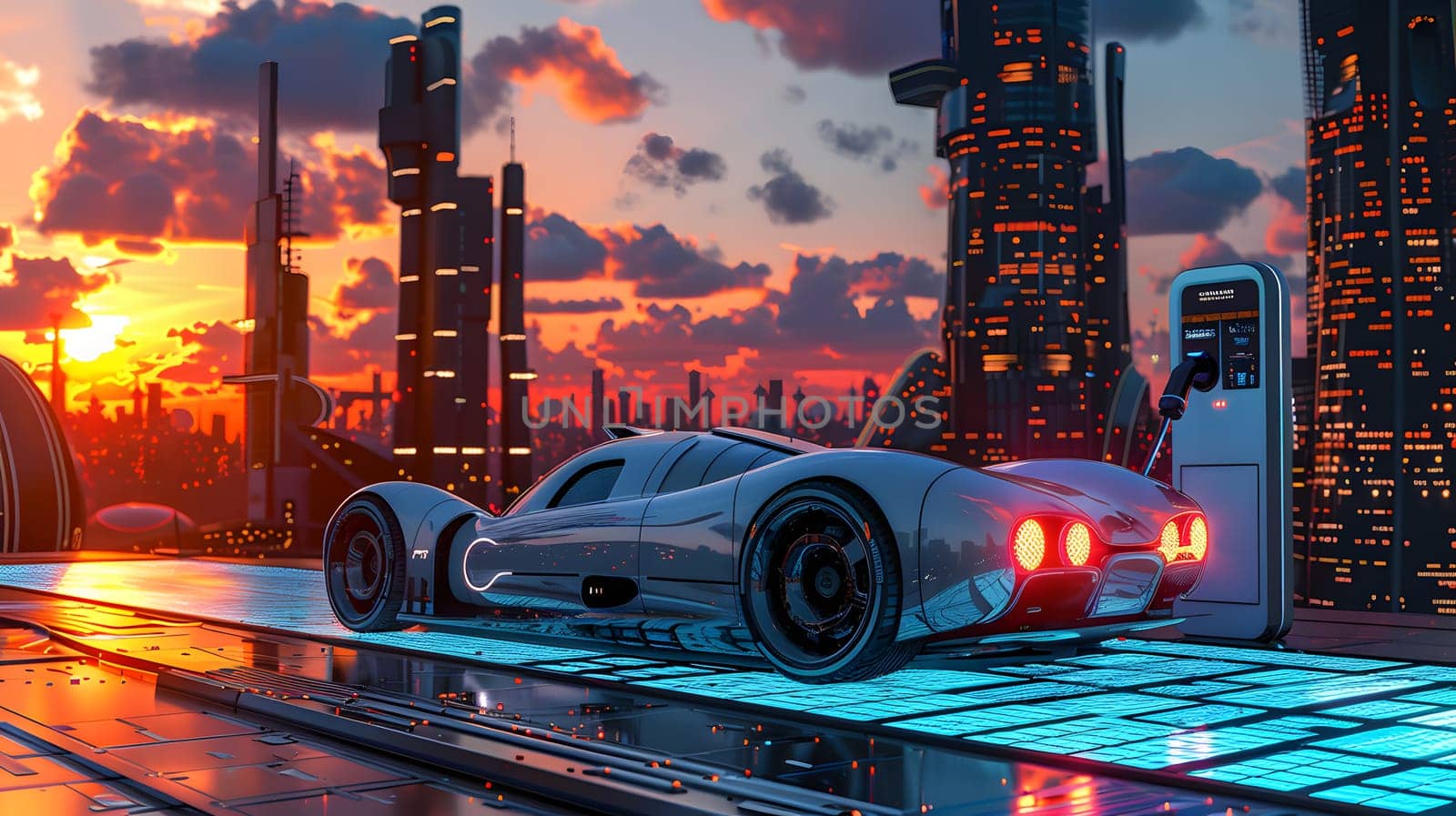 The vehicles wheels glide on the futuristic city streets as the car cruises through the sunset, with automotive lighting illuminating the path ahead