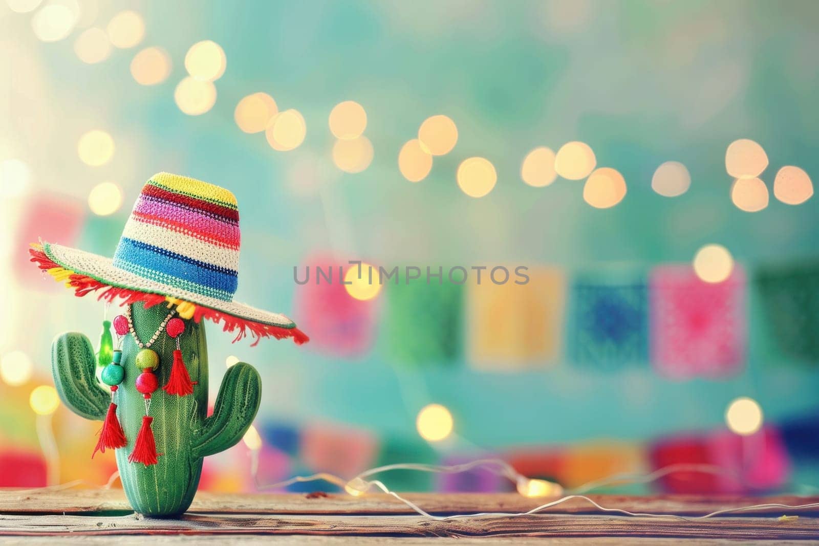 A colorful cactus wearing a sombrero is sitting on a wooden table.