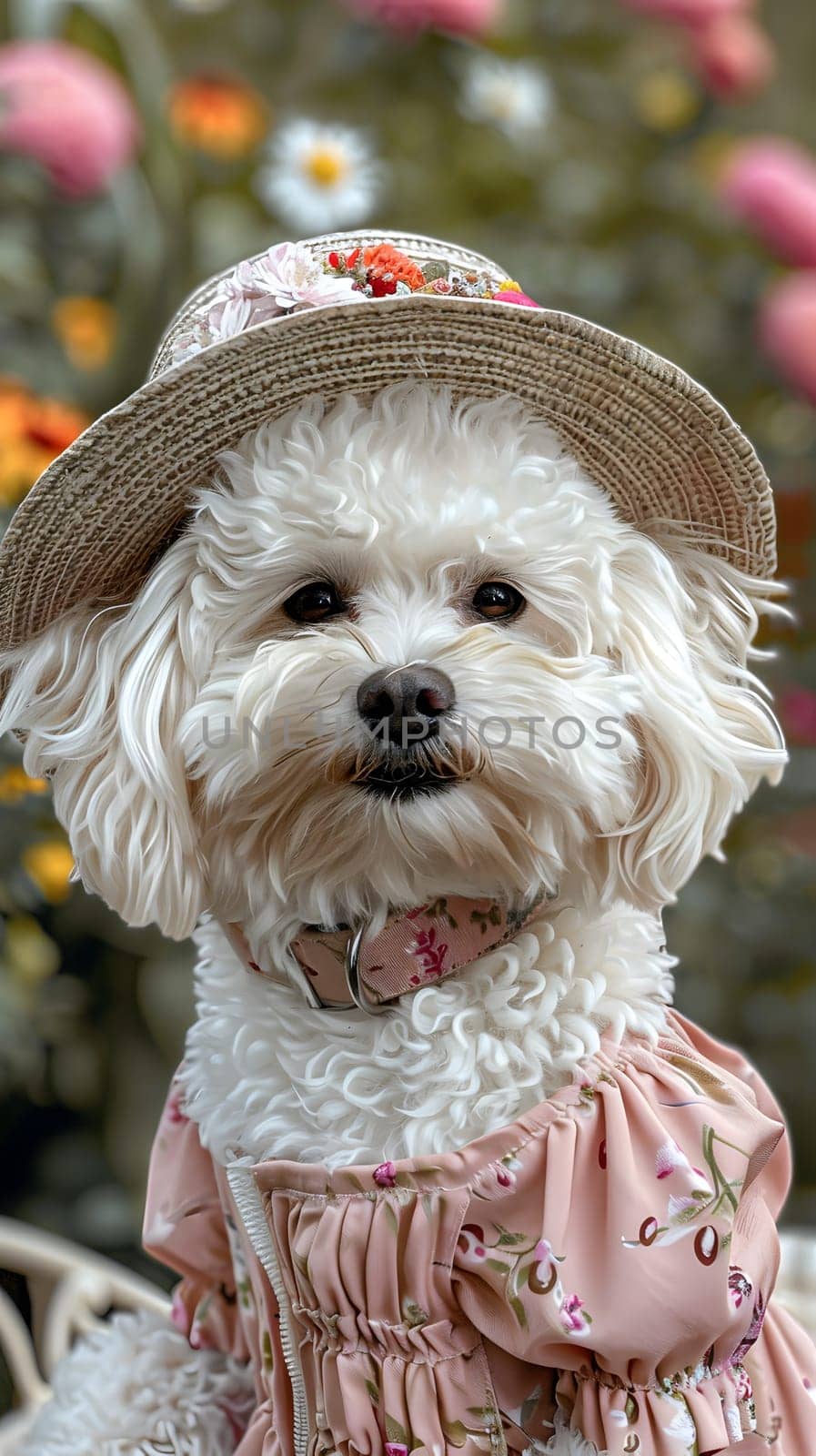 A toy dog breed, the small white canine with a snout and fur, wearing a hat and pink dress, resembles a statue. Known as a companion dog, it belongs to the Carnivore family Canidae