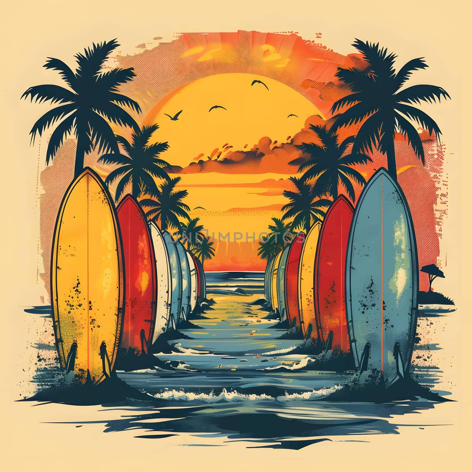 A row of surfboards resting against palm trees at a beach with a vibrant orange sunset in the background, blending art and nature with a touch of Arecales and body of water