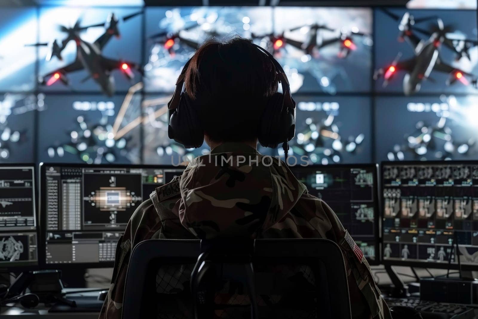 Soldier Command operating at control panel in monitoring war room on war base. Generative AI.