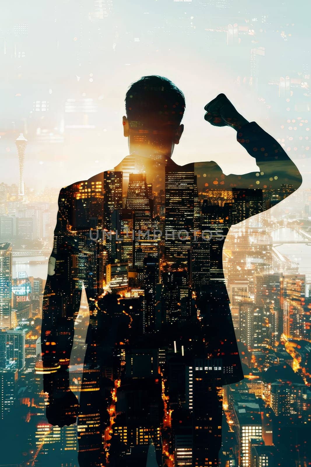 double exposer A man in a suit is standing in front of a city skyline. success and achievement .ai generative.
