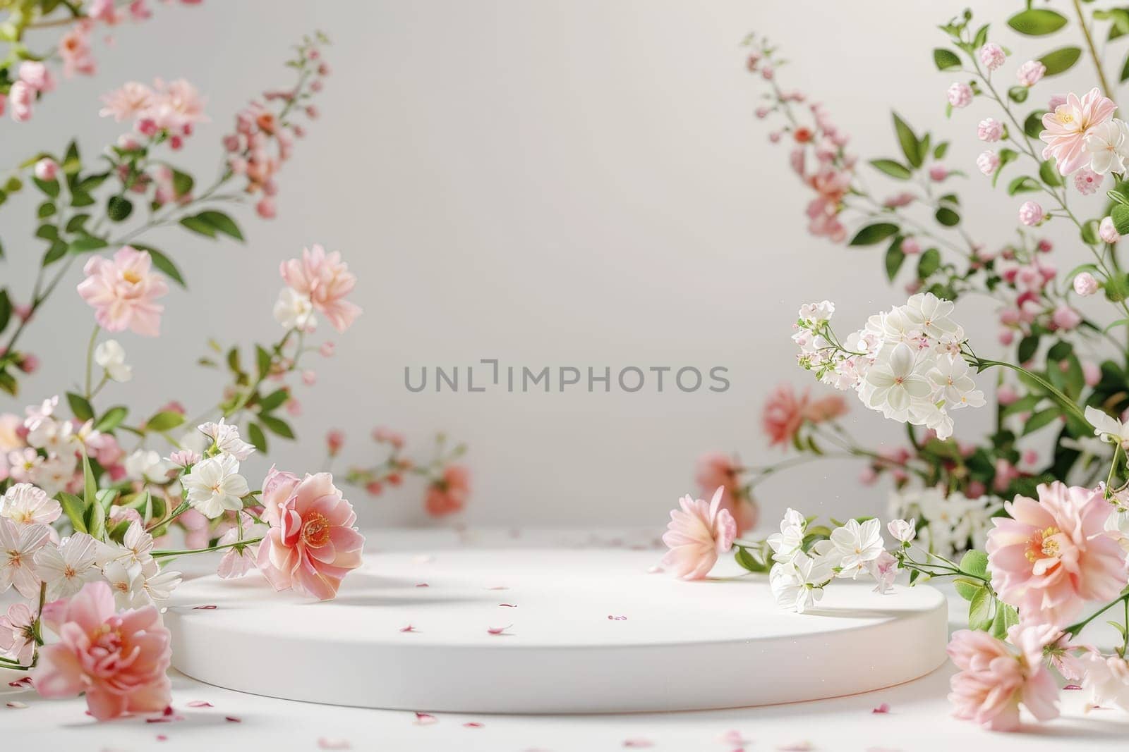 A white pedestal with a background and flowers on it. podium for mockup. ai generative.