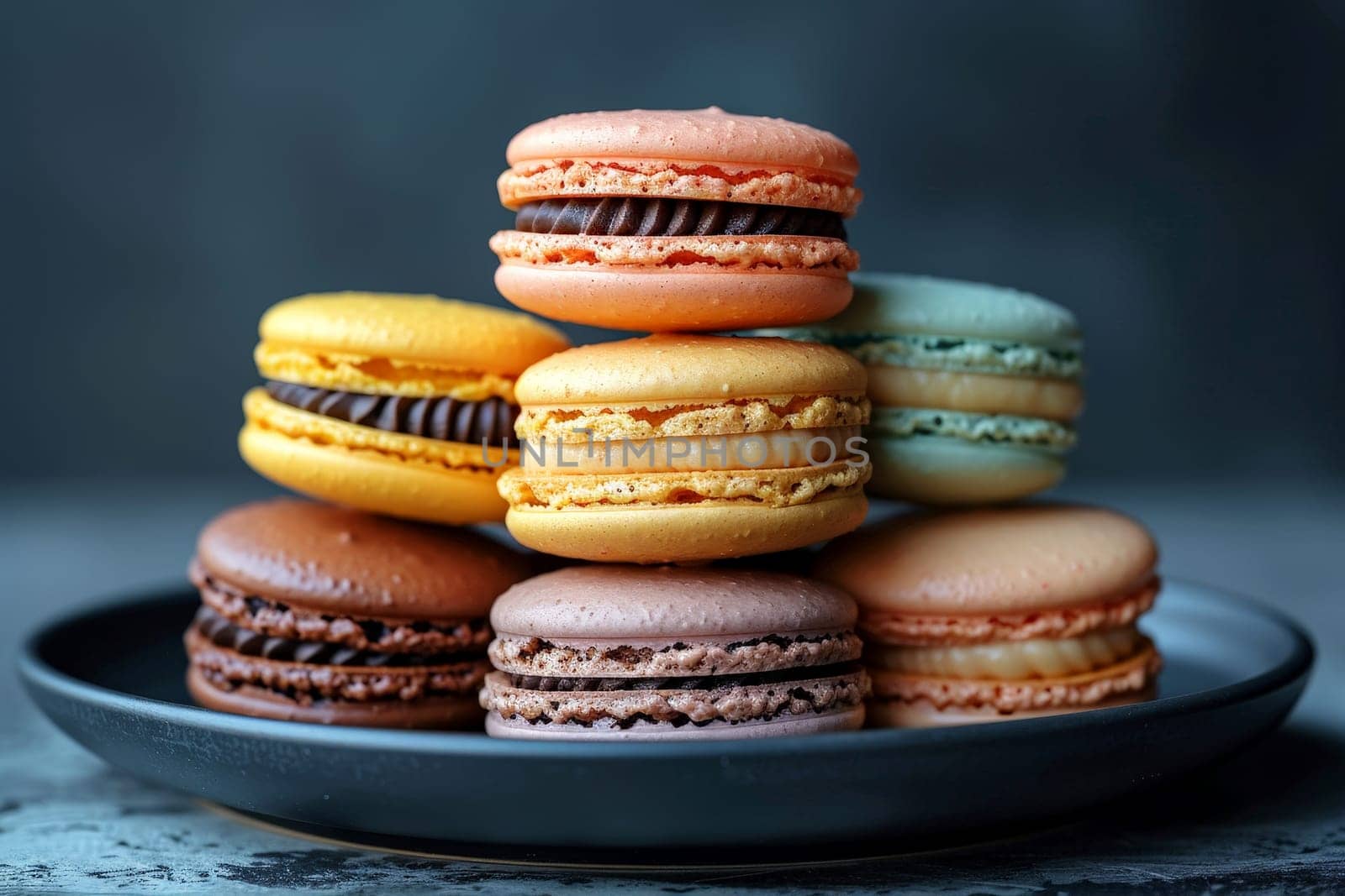 A stack of colorful macarons on a black plate.ai generative by matamnad