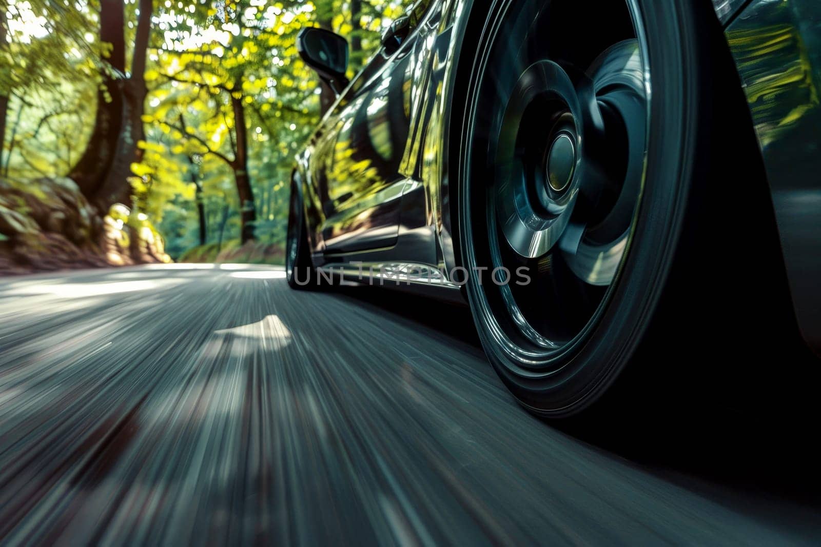 close up tire car is speeding down a road with trees in the background. ai generative by matamnad