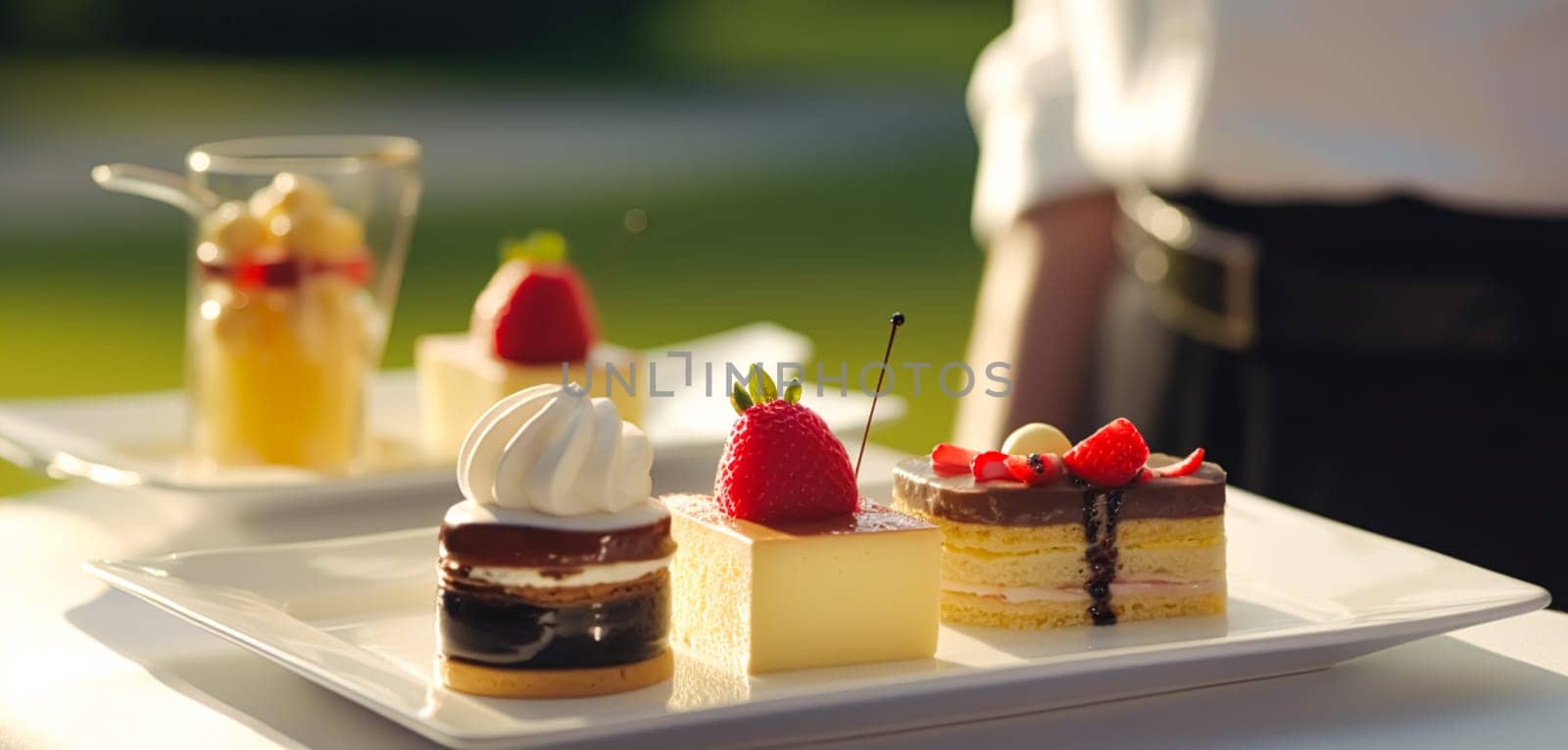 Luxury food service, desserts by a waiter at a wedding celebration or formal event in classic English style at luxurious hotel or country estate, post-processed, generative ai