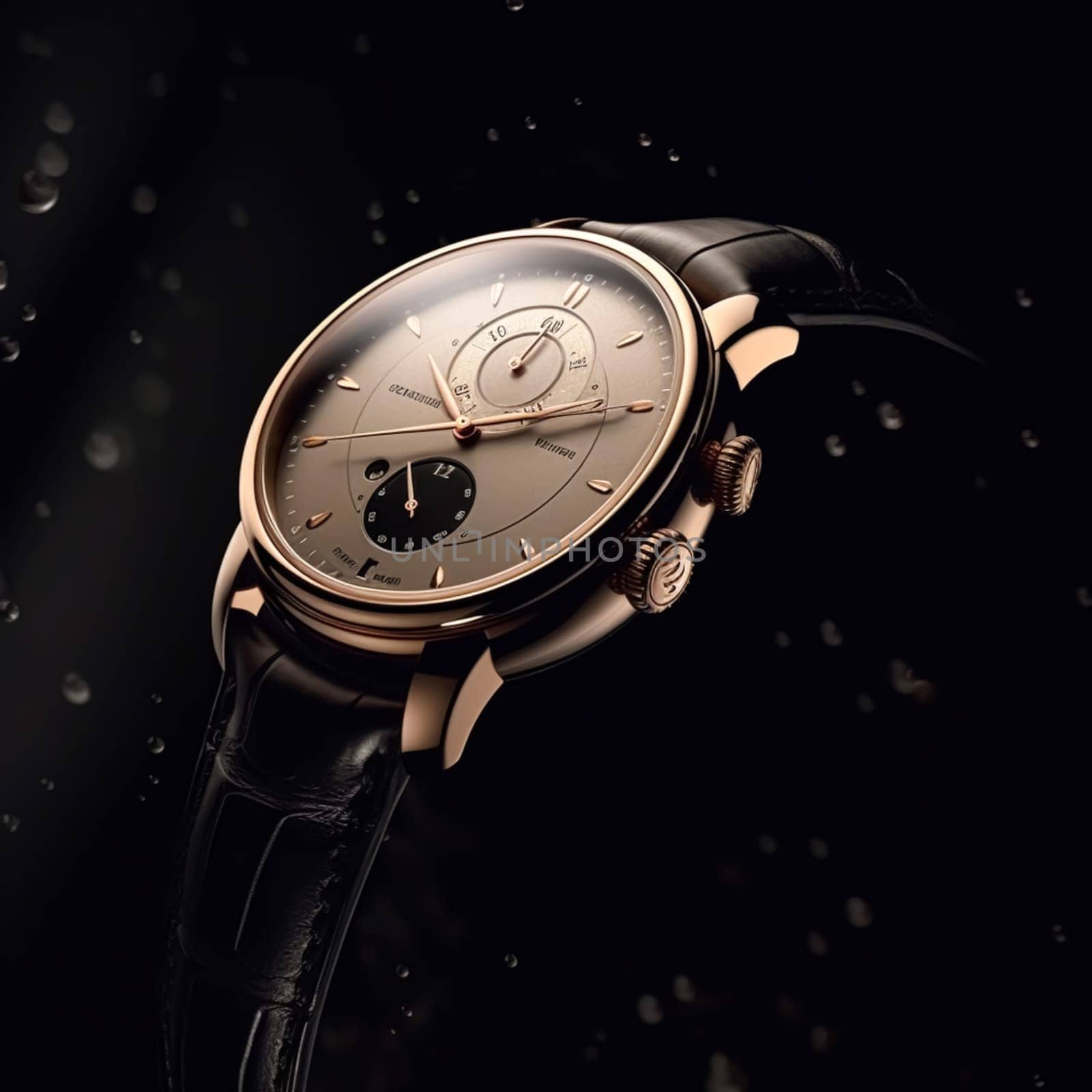 Luxury mens watch commercial concept, bespoke gold design on dark background, post-processed, generative ai