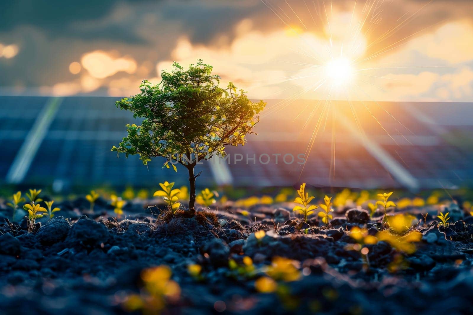 A small tree is growing in a field of solar cells .renewable energy and sustainable .AI generative.