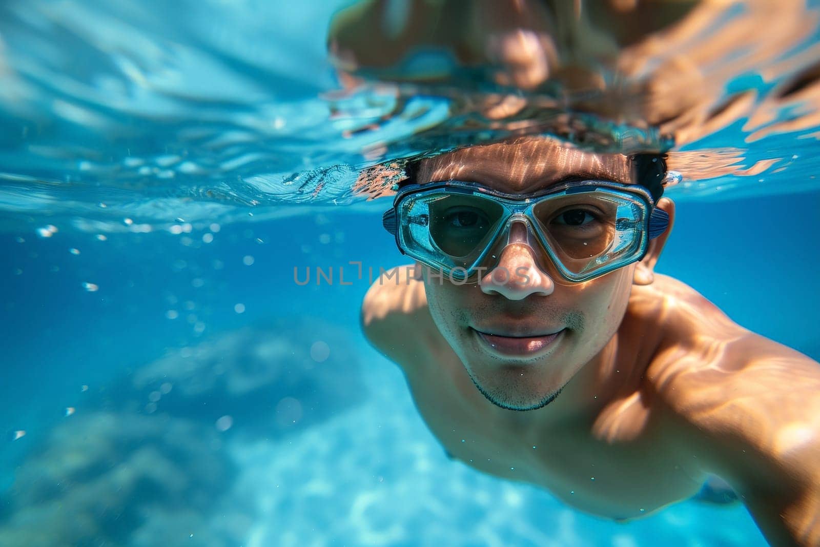 A man wearing blue goggles is underwater.ai generative.