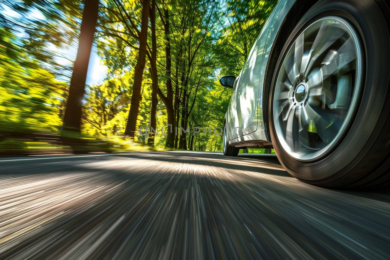 close up tire car is speeding down a road with trees in the background. ai generative.