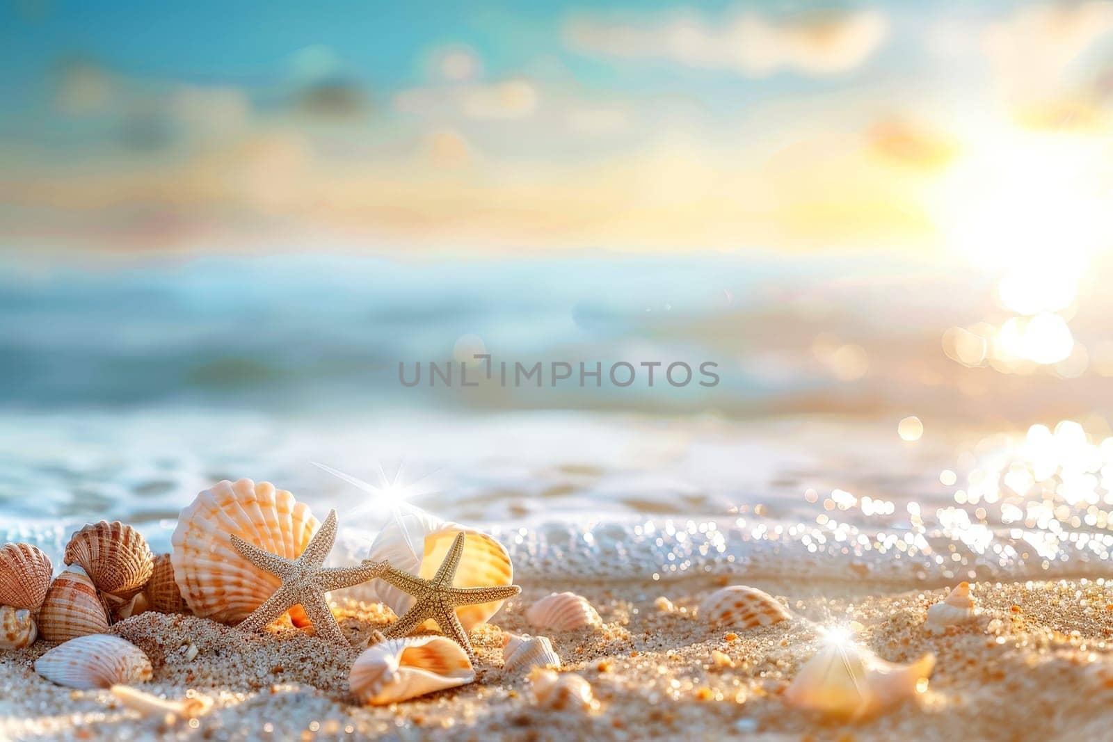 A beach scene with a variety of shells and a starfish summer holiday vocation .ai generative.