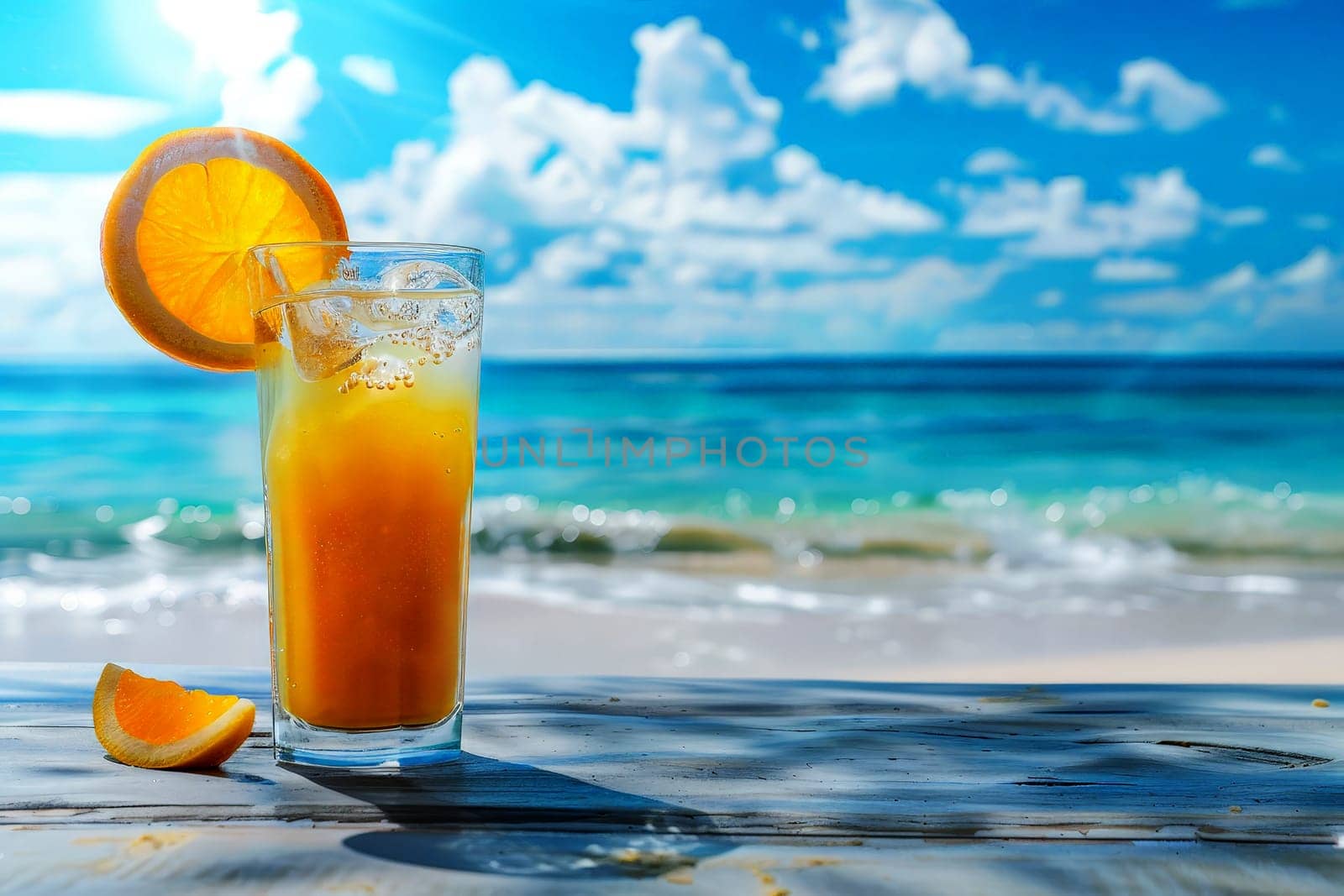 A glass of orange juice with a straw in it is sitting on a table by the ocean.ai generative by matamnad