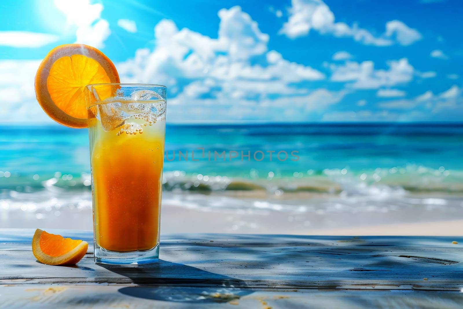 A glass of orange juice with a straw in it is sitting on a table by the ocean.ai generative.