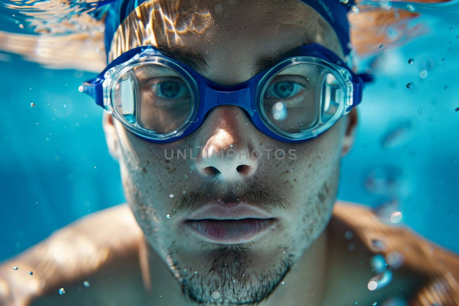 A man wearing blue goggles is underwater.ai generative by matamnad
