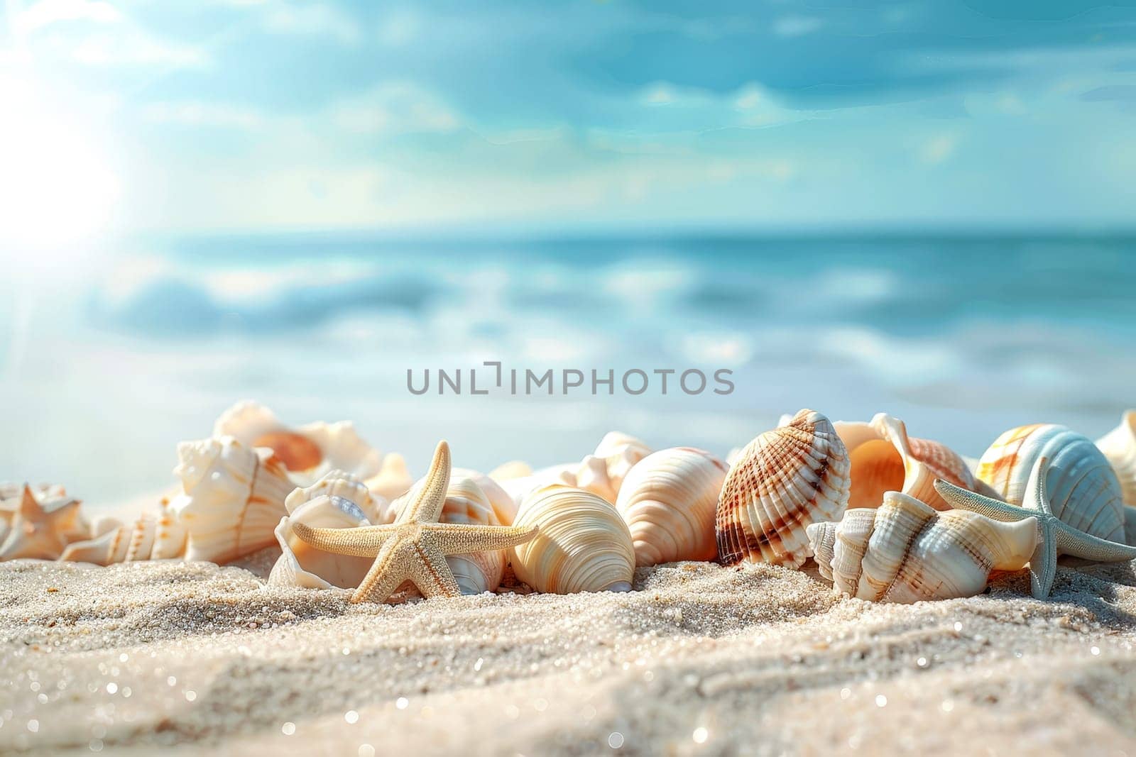 A beach scene with a variety of shells and a starfish summer holiday vocation .ai generative by matamnad