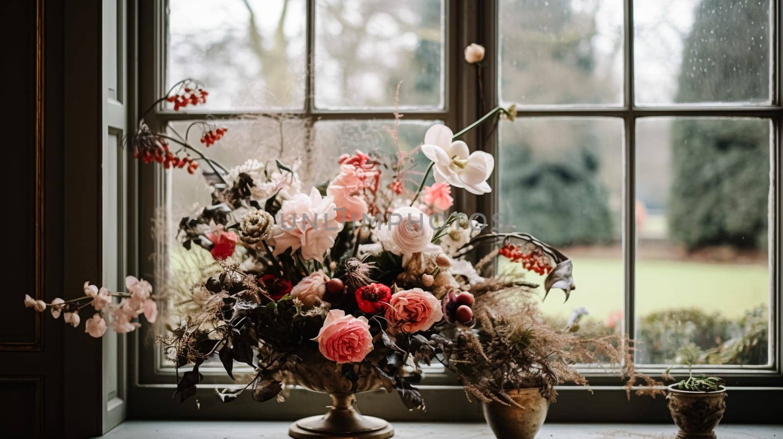 Beautiful floral arrangement with winter, autumn or early spring botanical plants and flowers