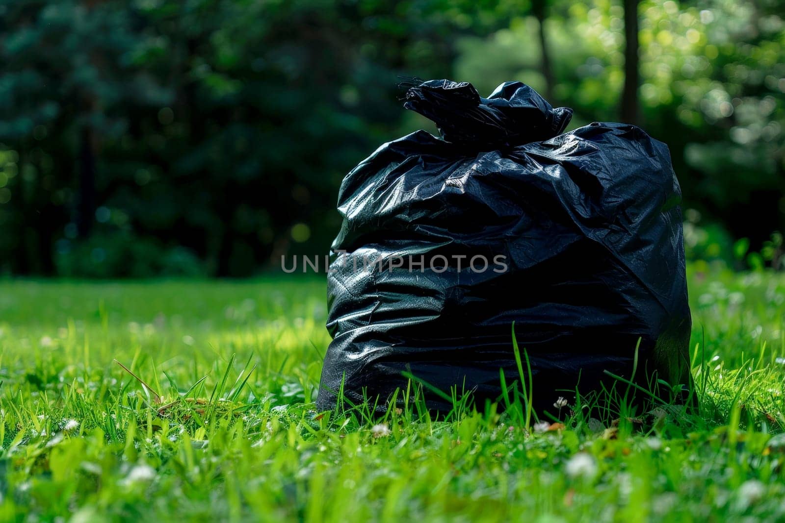 A black trash bag is sitting on the grass in a park.ai generative by matamnad