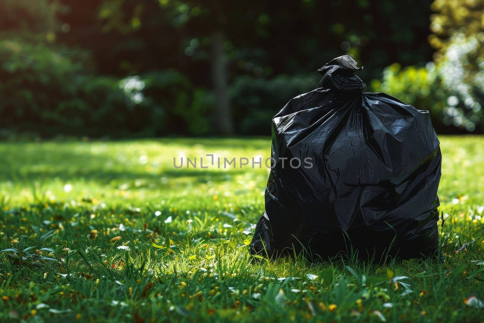 A black trash bag is sitting on the grass in a park.ai generative.
