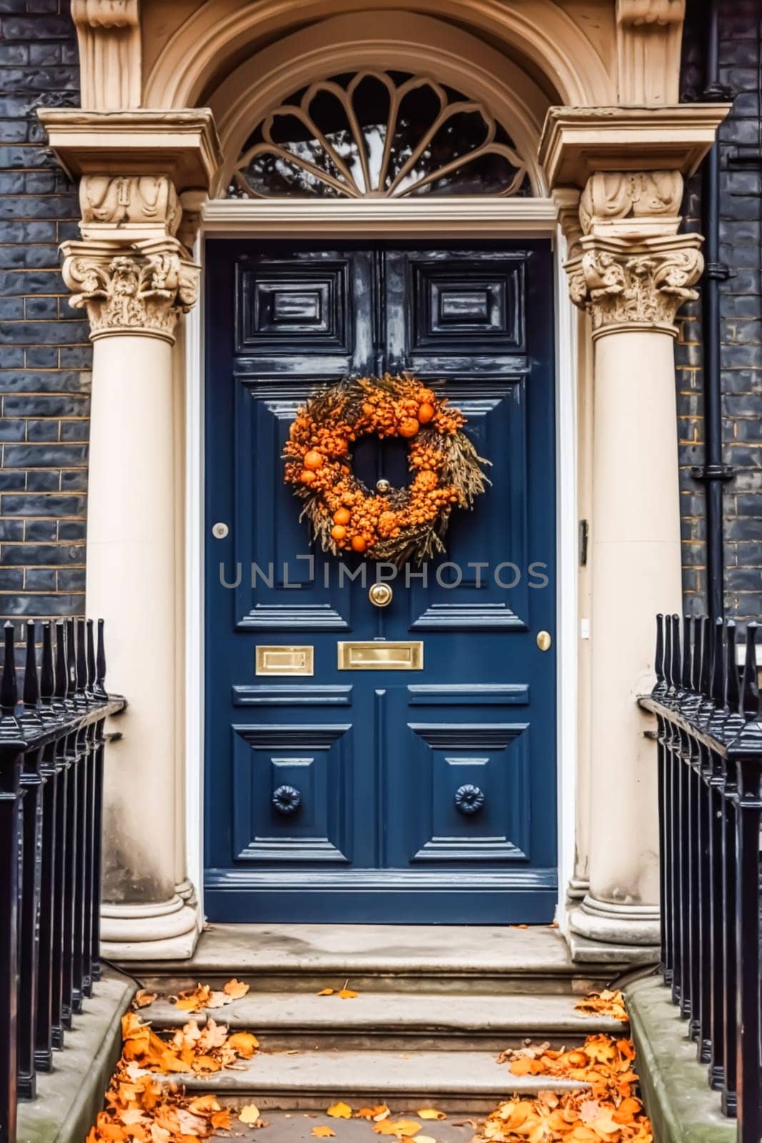 Autumn wreath decoration on a classic door entrance, welcoming autumn holiday season with autumnal decorations, post-processed, generative ai