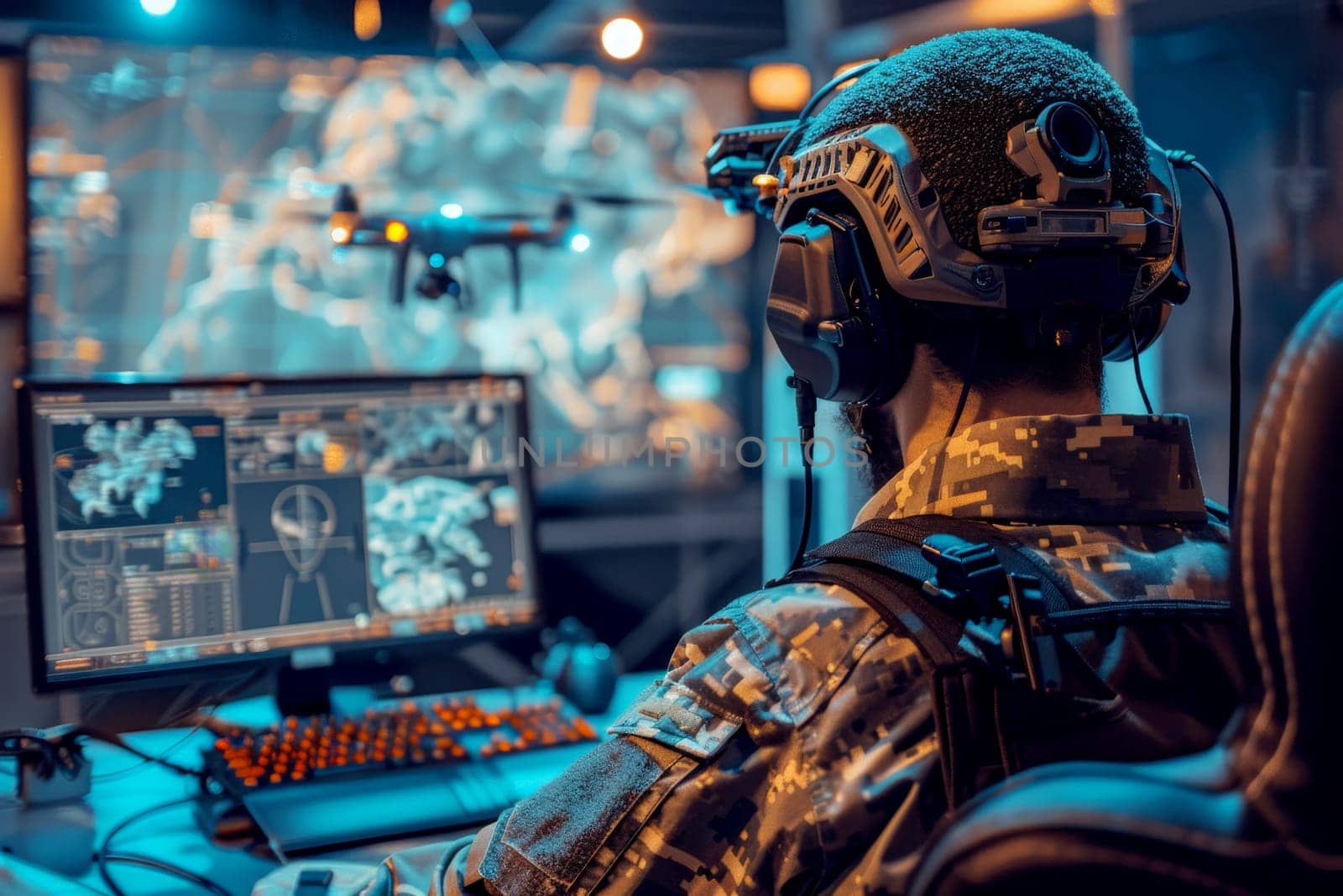 Soldier Command operating at control panel in monitoring war room on war base. Generative AI.