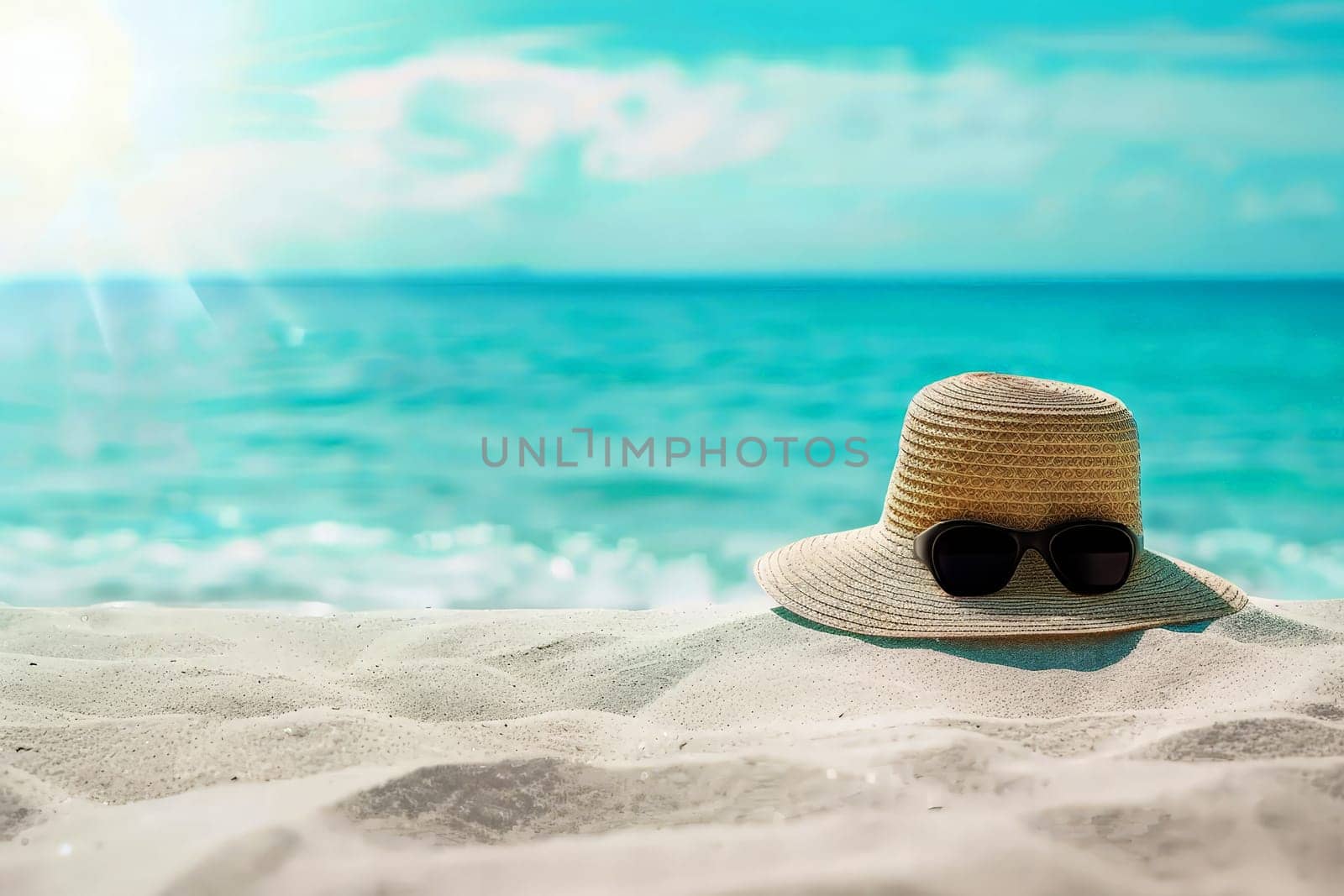 A blue pair of sunglasses and a straw hat are on the beach. summer holiday vocation .ai generative by matamnad