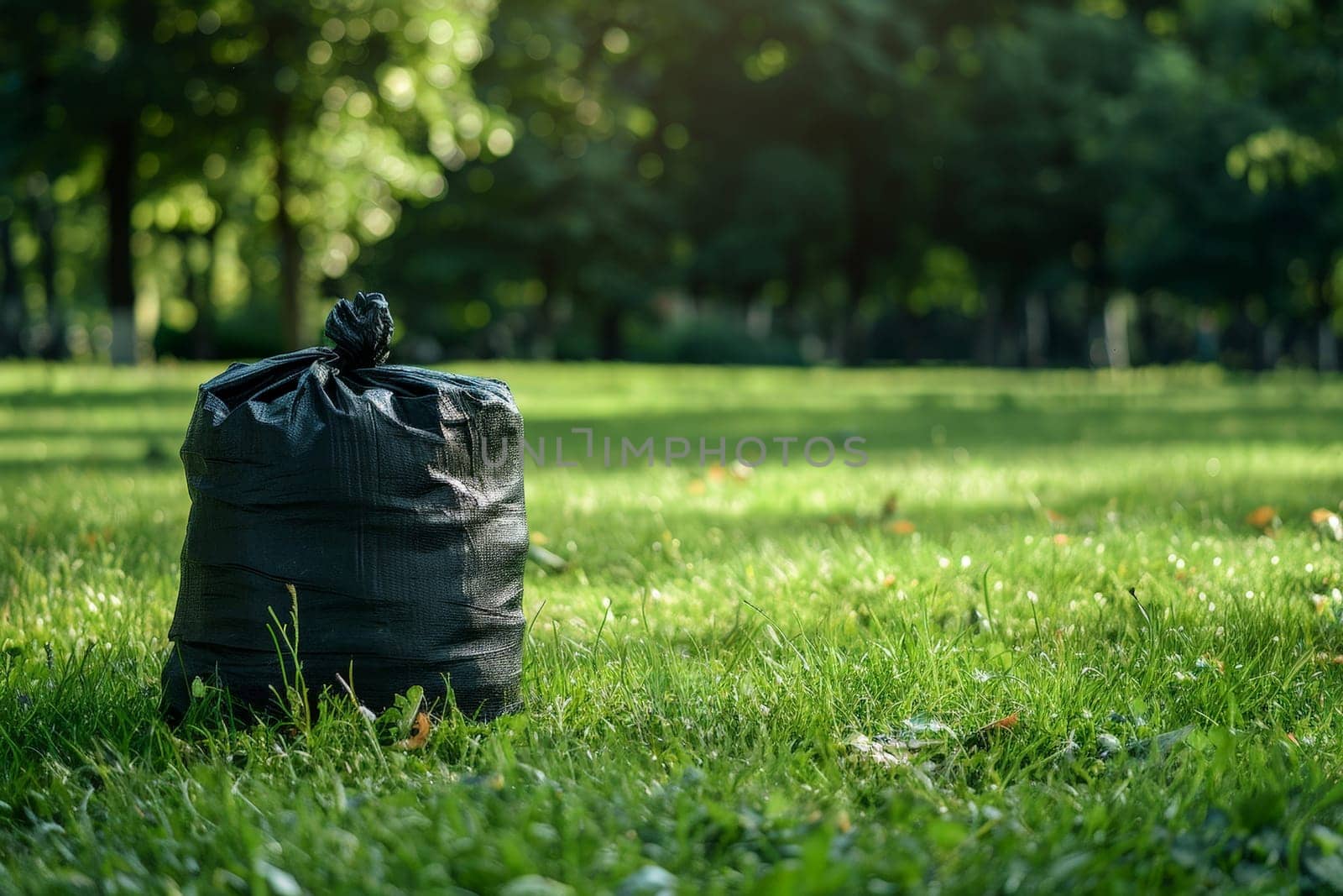 A black trash bag is sitting on the grass in a park.ai generative by matamnad