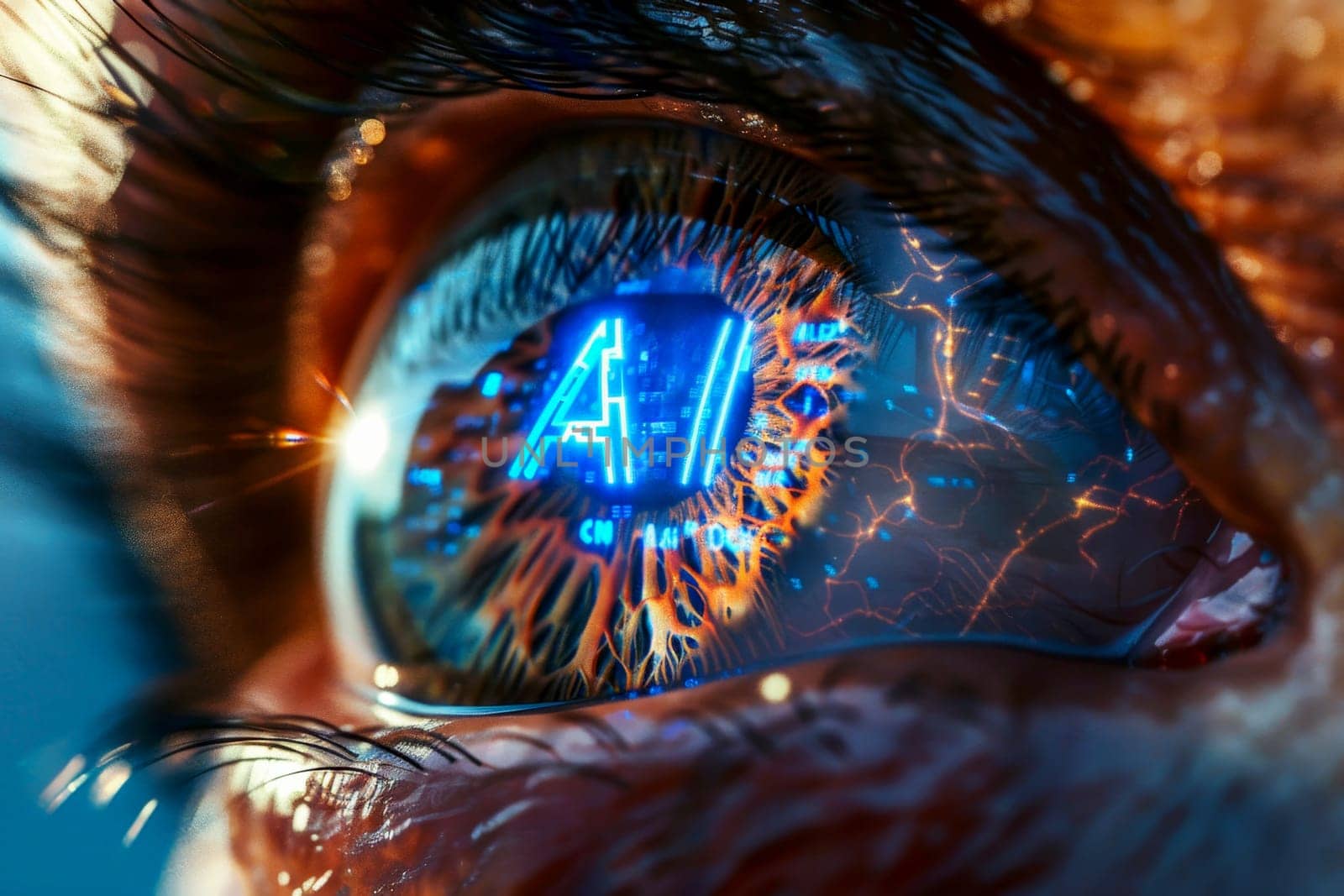 A close up of a person's eye with the word AI written in blue.ai generative.