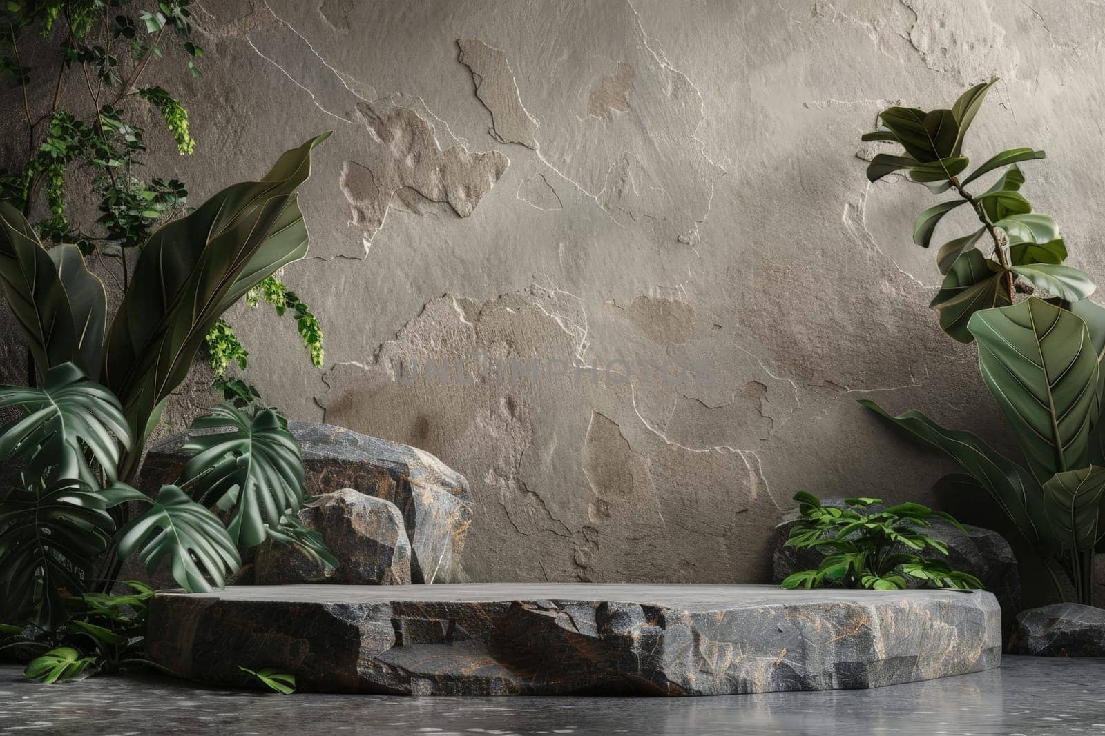 A stone pedestal with a green background and plants. stone podium for mockup.aigenerative.