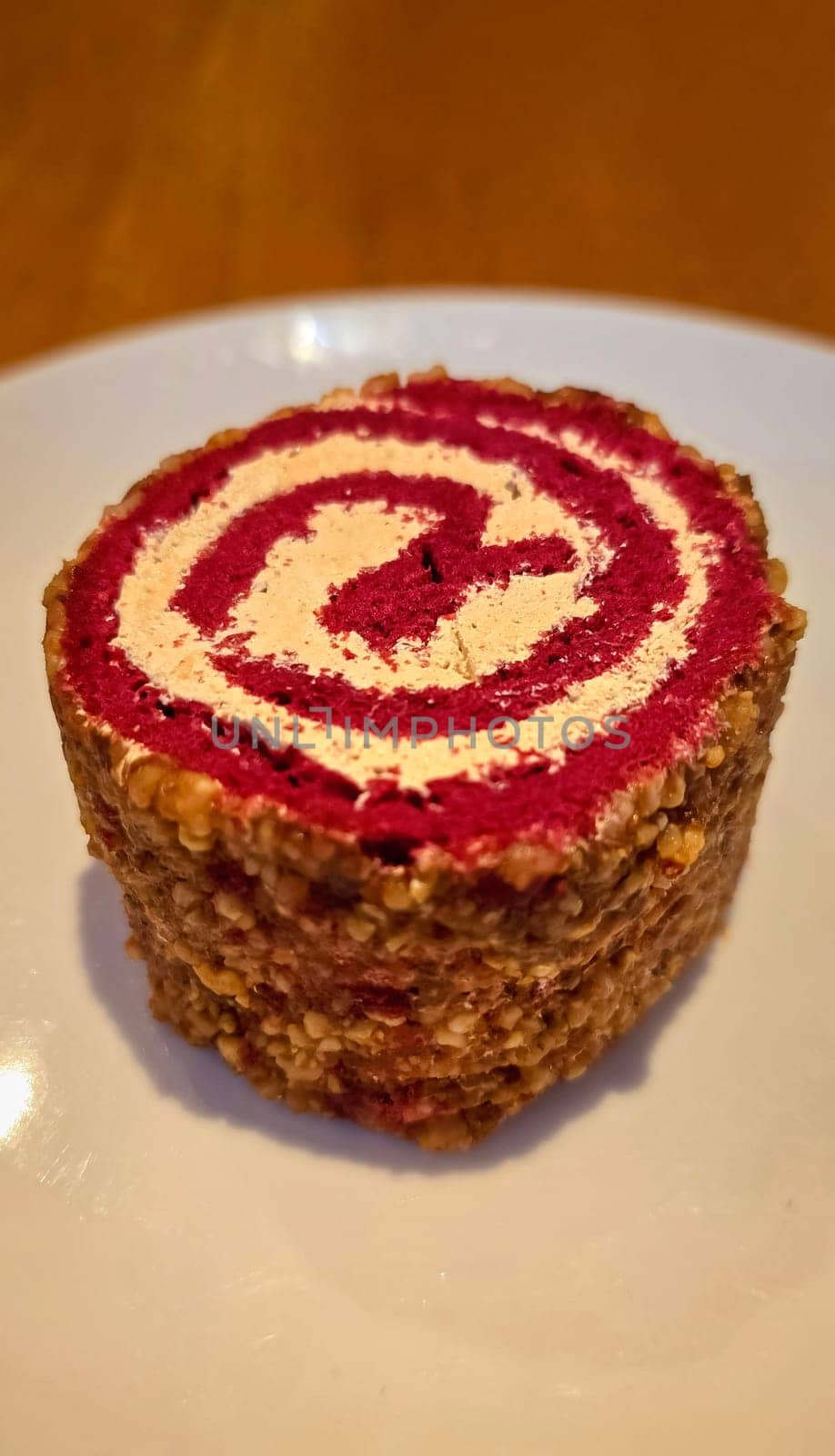 Red Velvet Roll Cake with candied peanuts shred topping for cooking content ideas