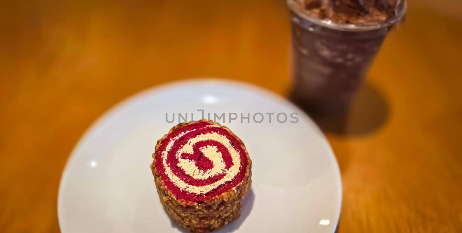 Red Velvet Roll Cake with candied peanuts shred topping for cooking content ideas