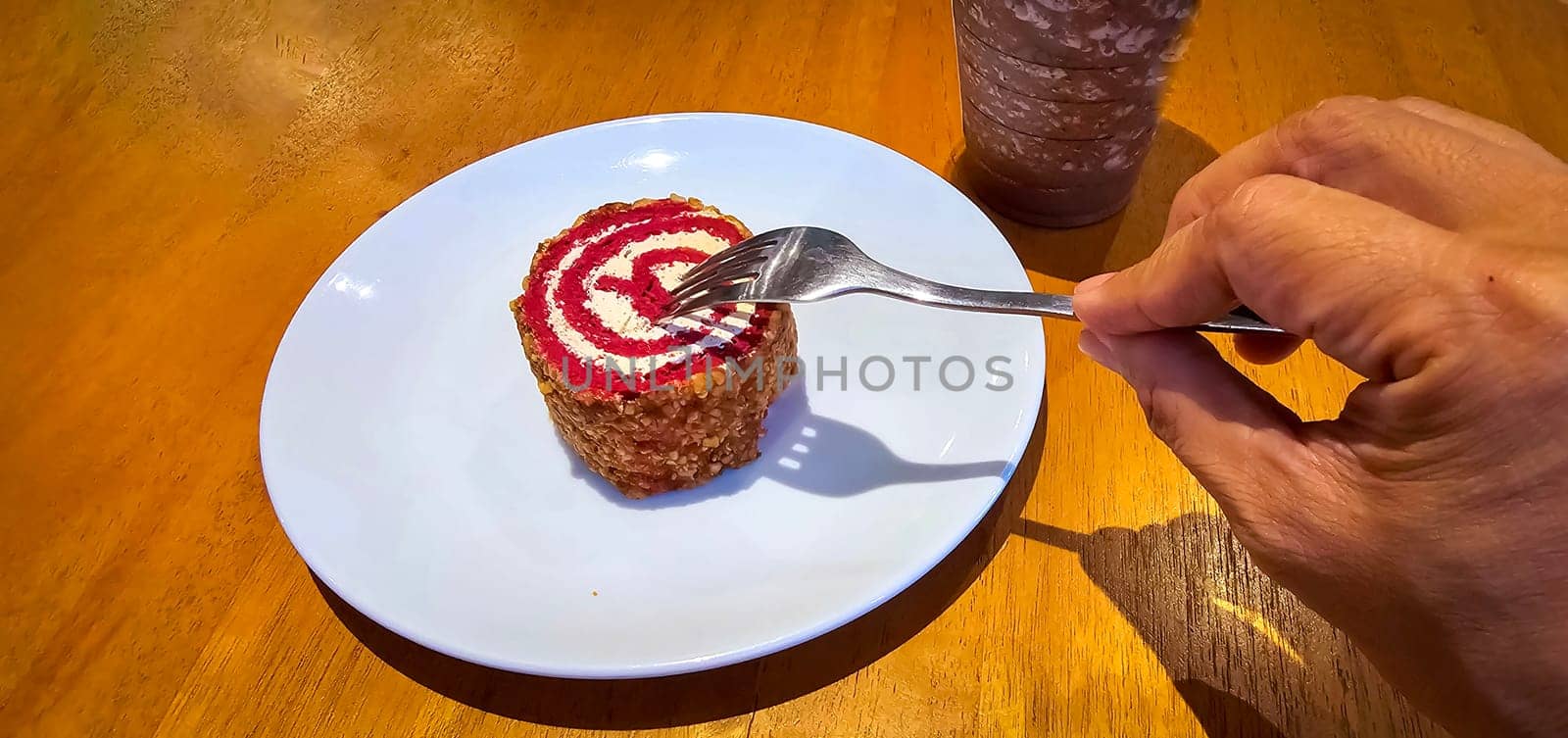 Red Velvet Roll Cake with candied peanuts shred topping for cooking content ideas by antoksena