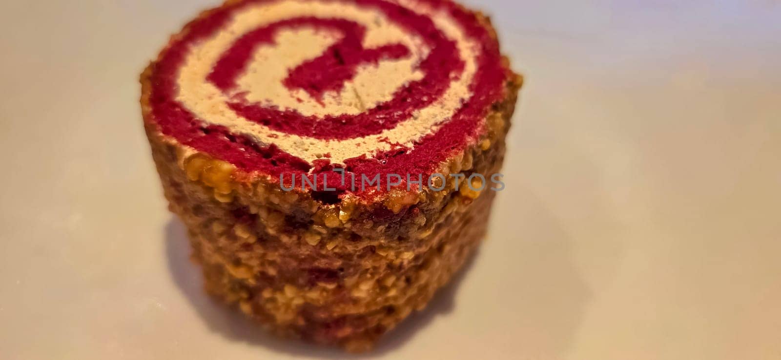 Red Velvet Roll Cake with candied peanuts shred topping for cooking content ideas by antoksena