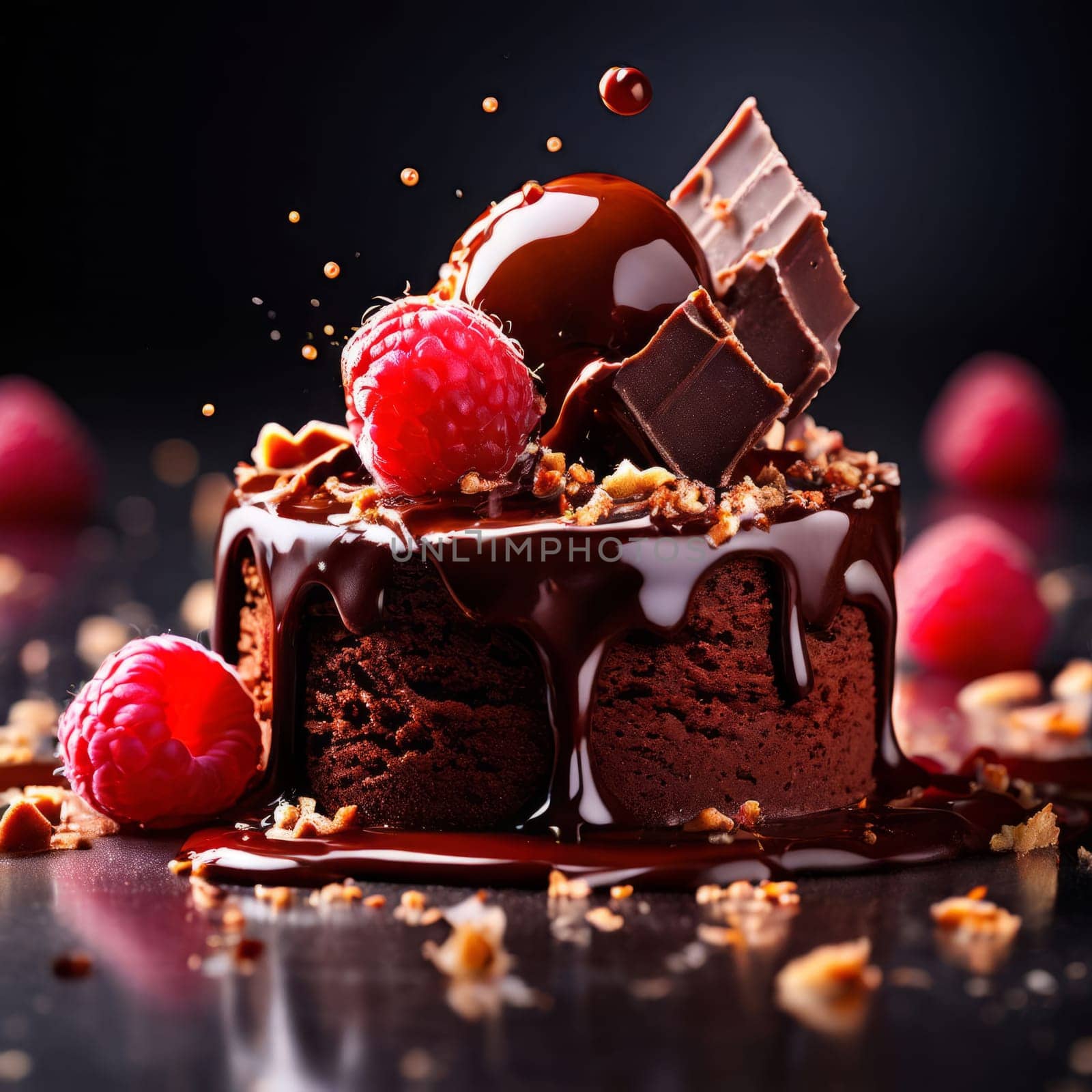 Decadent chocolate cake adorned with fresh raspberries, drizzled with rich chocolate sauce, perfect combination of sweet, tart flavors. For advertise cafe, patisserie, restaurant, food blog, cookbook