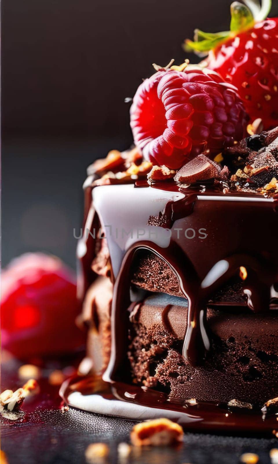 Decadent chocolate cake adorned with fresh raspberries, drizzled with rich chocolate sauce, perfect combination of sweet, tart flavors. For advertise cafe, patisserie, restaurant, food blog, cookbook