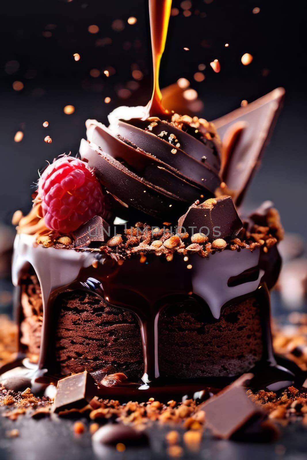 Decadent chocolate cake adorned with fresh raspberries, drizzled with rich chocolate sauce, perfect combination of sweet, tart flavors. For advertise cafe, patisserie, restaurant, food blog, cookbook