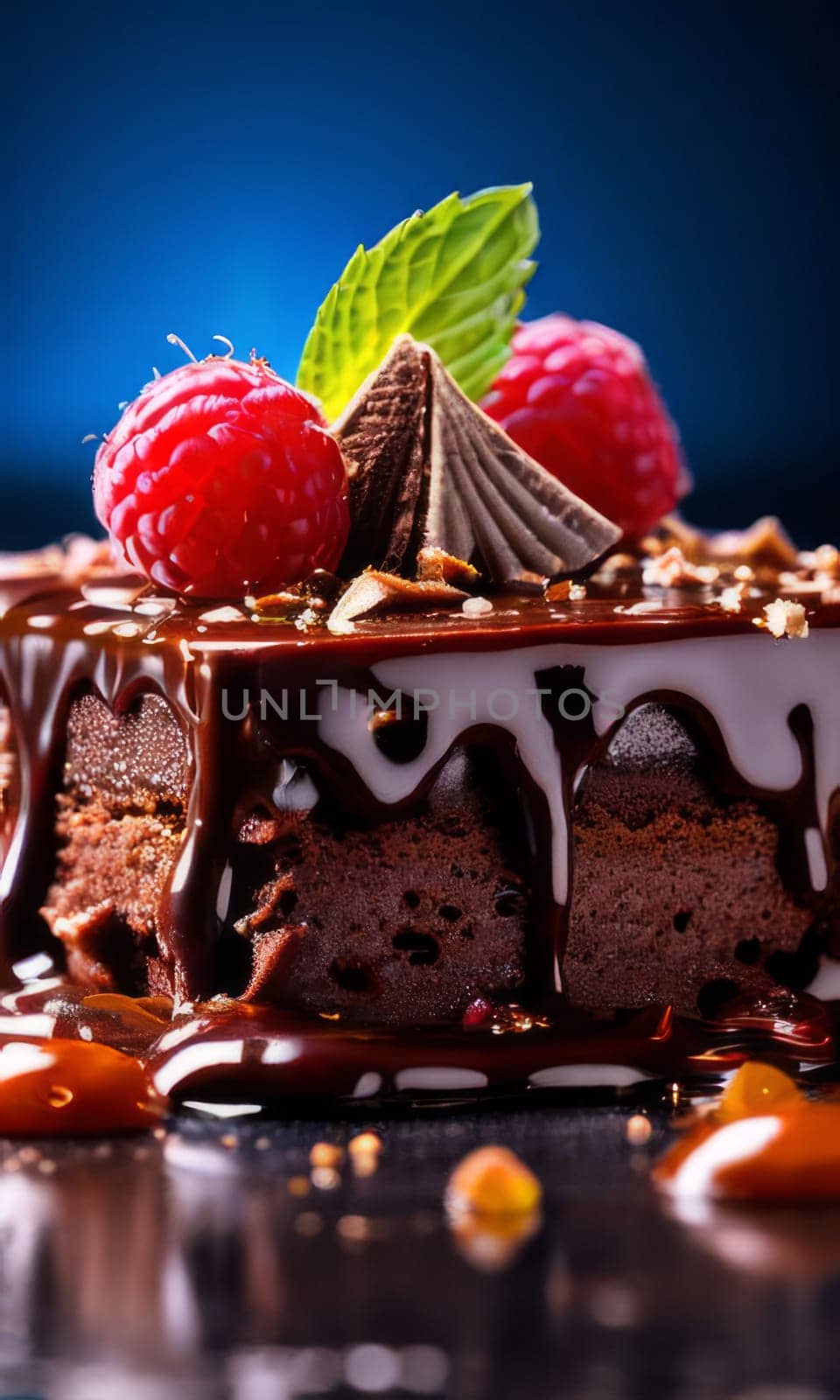 Decadent chocolate cake adorned with fresh raspberries, drizzled with rich chocolate sauce, perfect combination of sweet, tart flavors. For advertise cafe, patisserie, restaurant, food blog, cookbook. by Angelsmoon