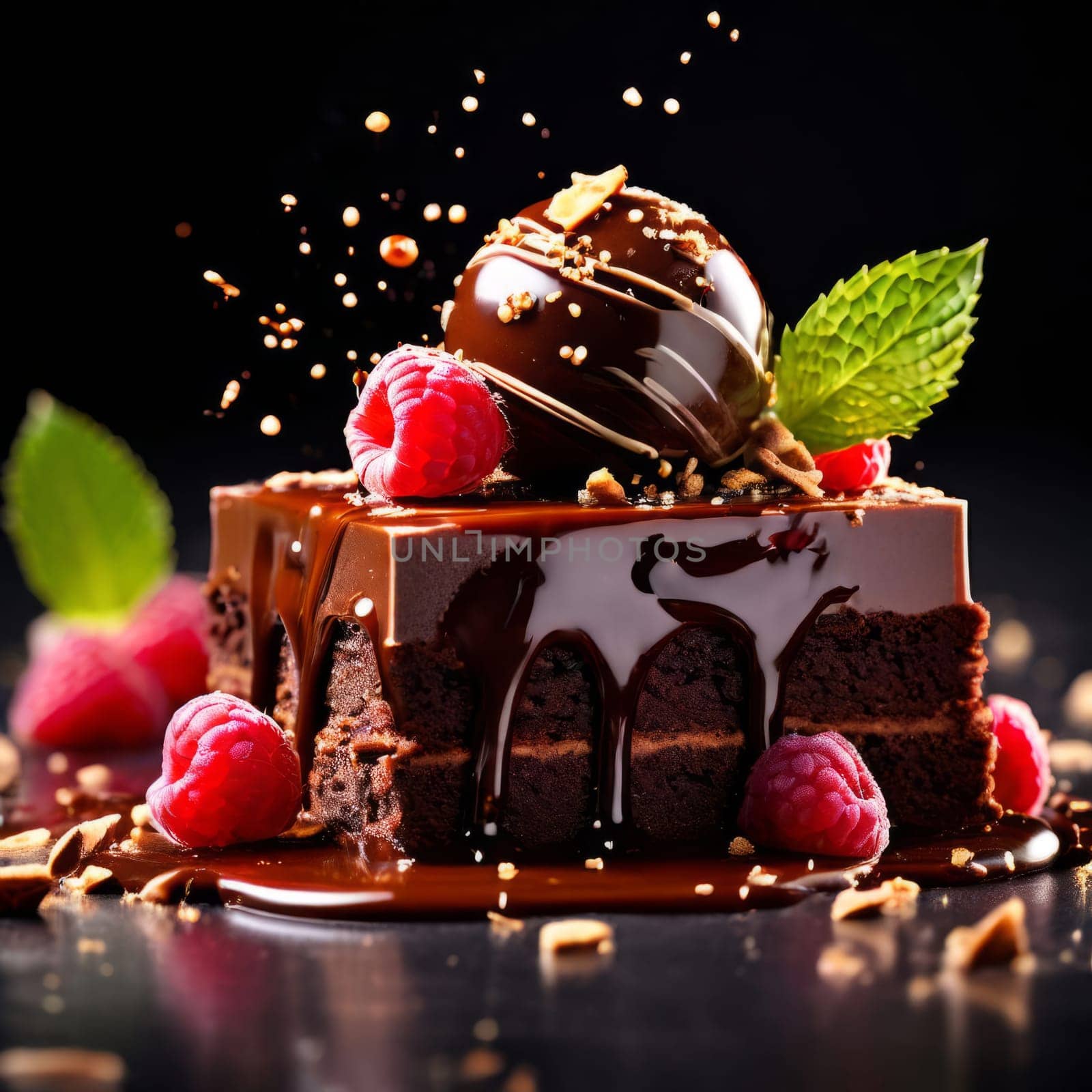 Decadent chocolate cake adorned with fresh raspberries, drizzled with rich chocolate sauce, perfect combination of sweet, tart flavors. For advertise cafe, patisserie, restaurant, food blog, cookbook