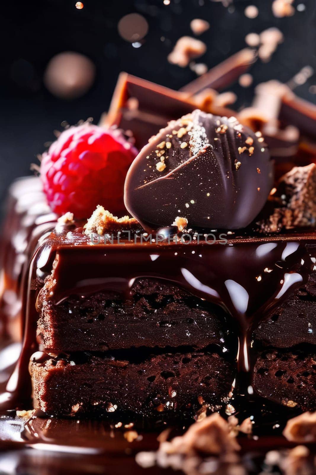 Decadent chocolate cake adorned with fresh raspberries, drizzled with rich chocolate sauce, perfect combination of sweet, tart flavors. For advertise cafe, patisserie, restaurant, food blog, cookbook