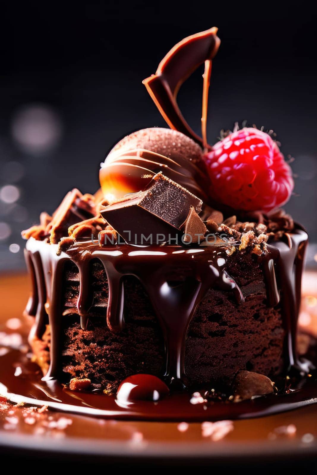 Decadent chocolate cake adorned with fresh raspberries, drizzled with rich chocolate sauce, perfect combination of sweet, tart flavors. For advertise cafe, patisserie, restaurant, food blog, cookbook