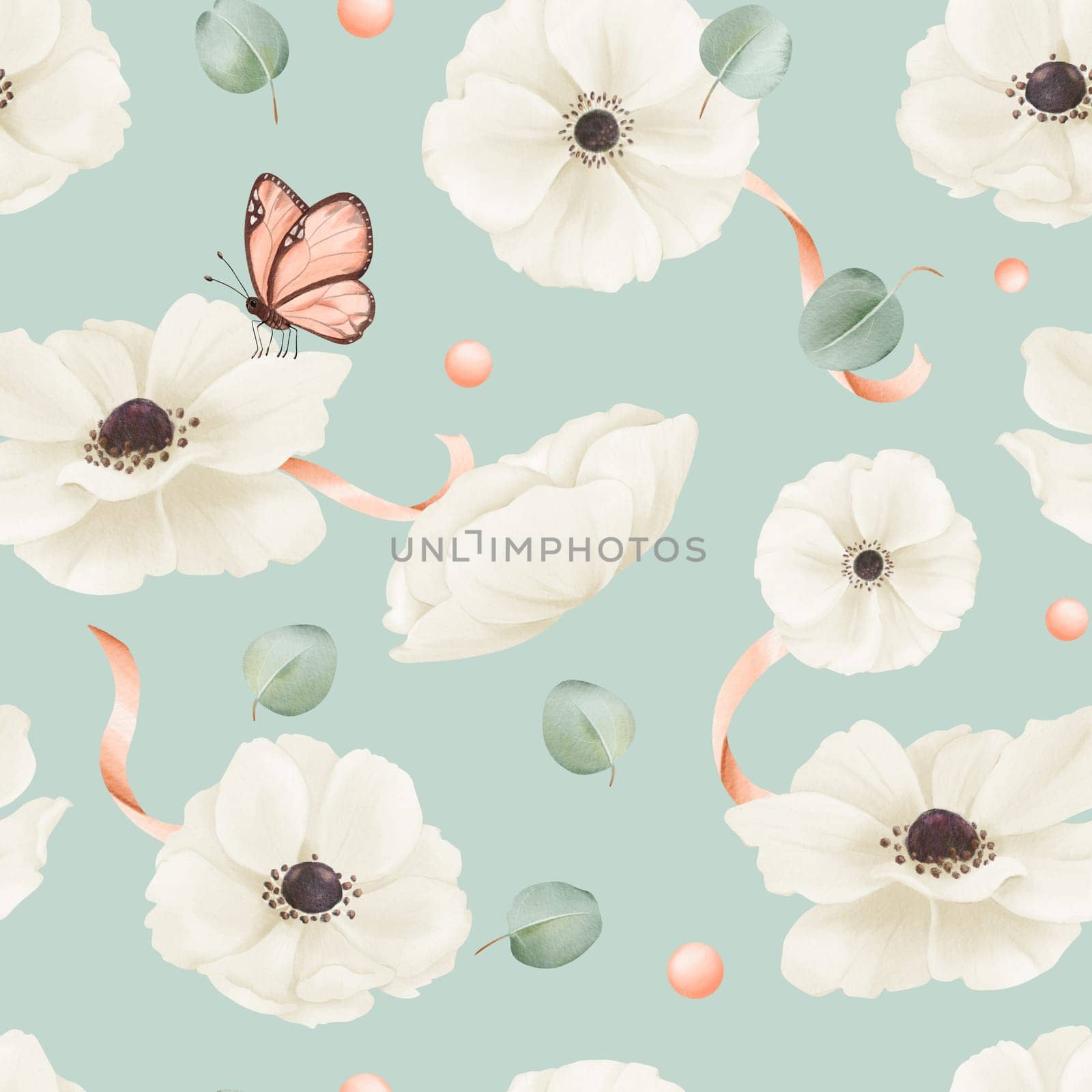 Seamless pattern featuring white watercolor anemones, eucalyptus leaves, satin ribbons, and rhinestones. textile, web design, print materials greeting cards wallpapers gift packaging accessories by Art_Mari_Ka