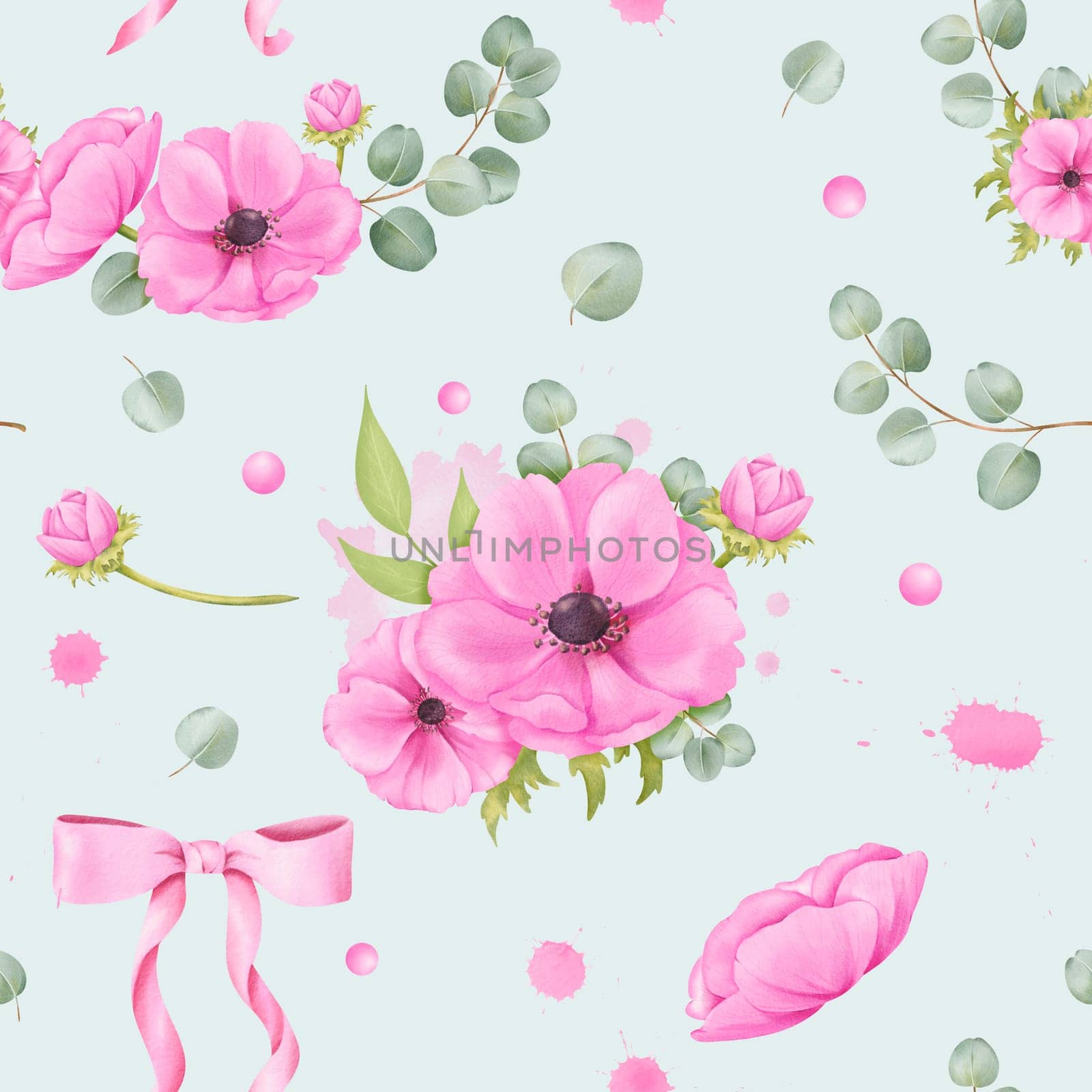 Seamless design adorned with watercolor floral elements. pink anemones, silk ribbons, splatters, eucalyptus foliage, and sparkling rhinestones. for wallpapers, fabric prints, crafting projects by Art_Mari_Ka